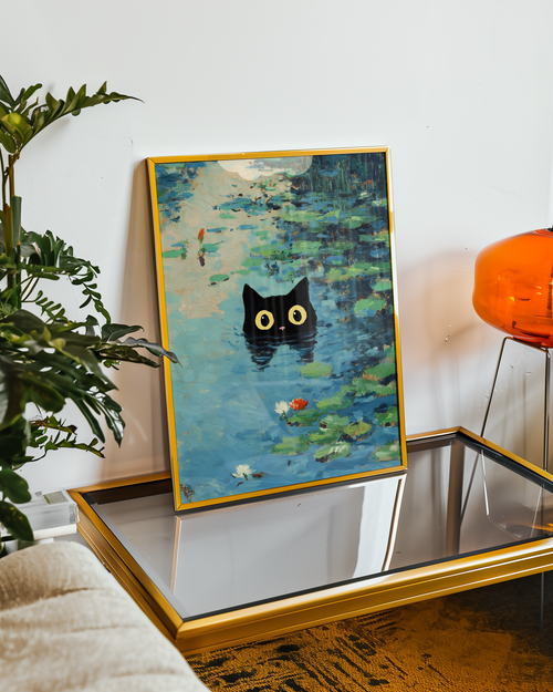 Väggmockup av Waterlily Cat affisch på ljus tegelvägg – Bozetto konsttryck i hög tryckkvalitet