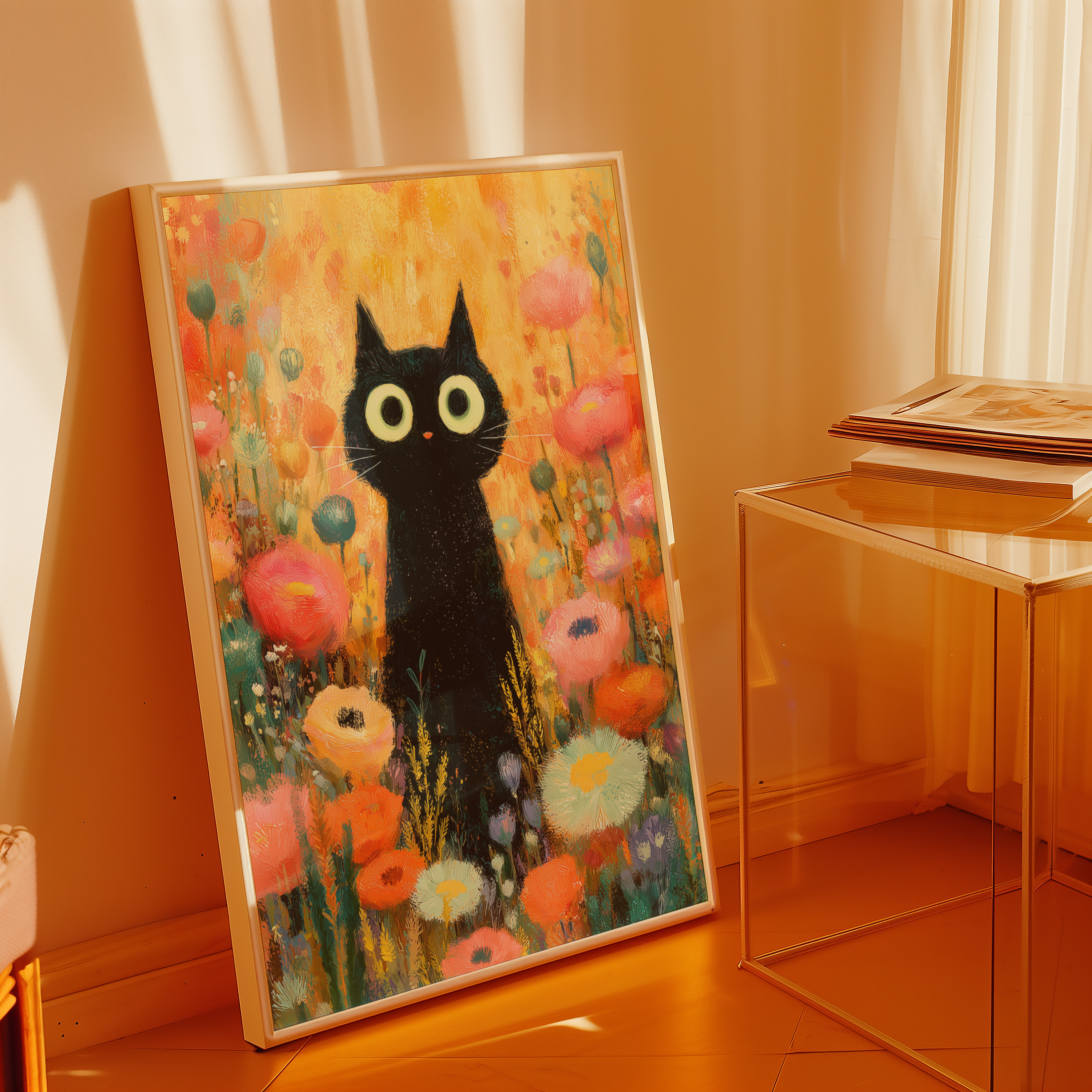 Mockup av Midnight Bloom Cat affisch på vägg – köp enkelt hos Bozetto i hög kvalitet