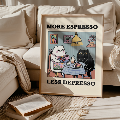 Mockup av Espresso Therapy affisch på vägg – köp enkelt hos Bozetto i hög kvalitet