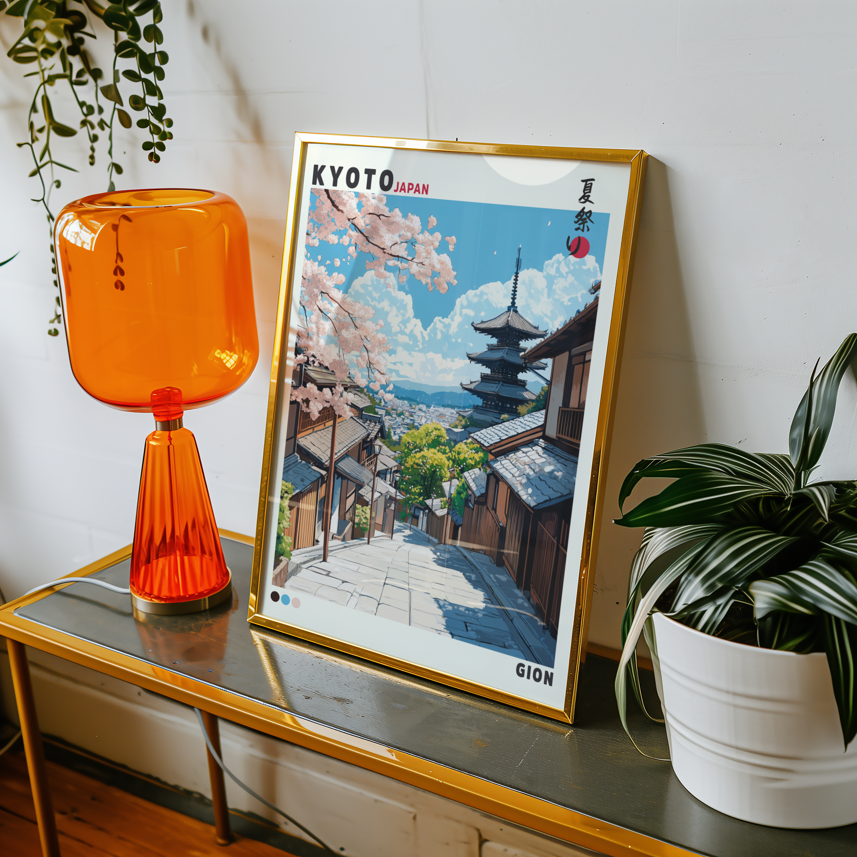 Väggmockup av Kyoto Japan affisch på ljus tegelvägg – Bozetto konsttryck i hög tryckkvalitet