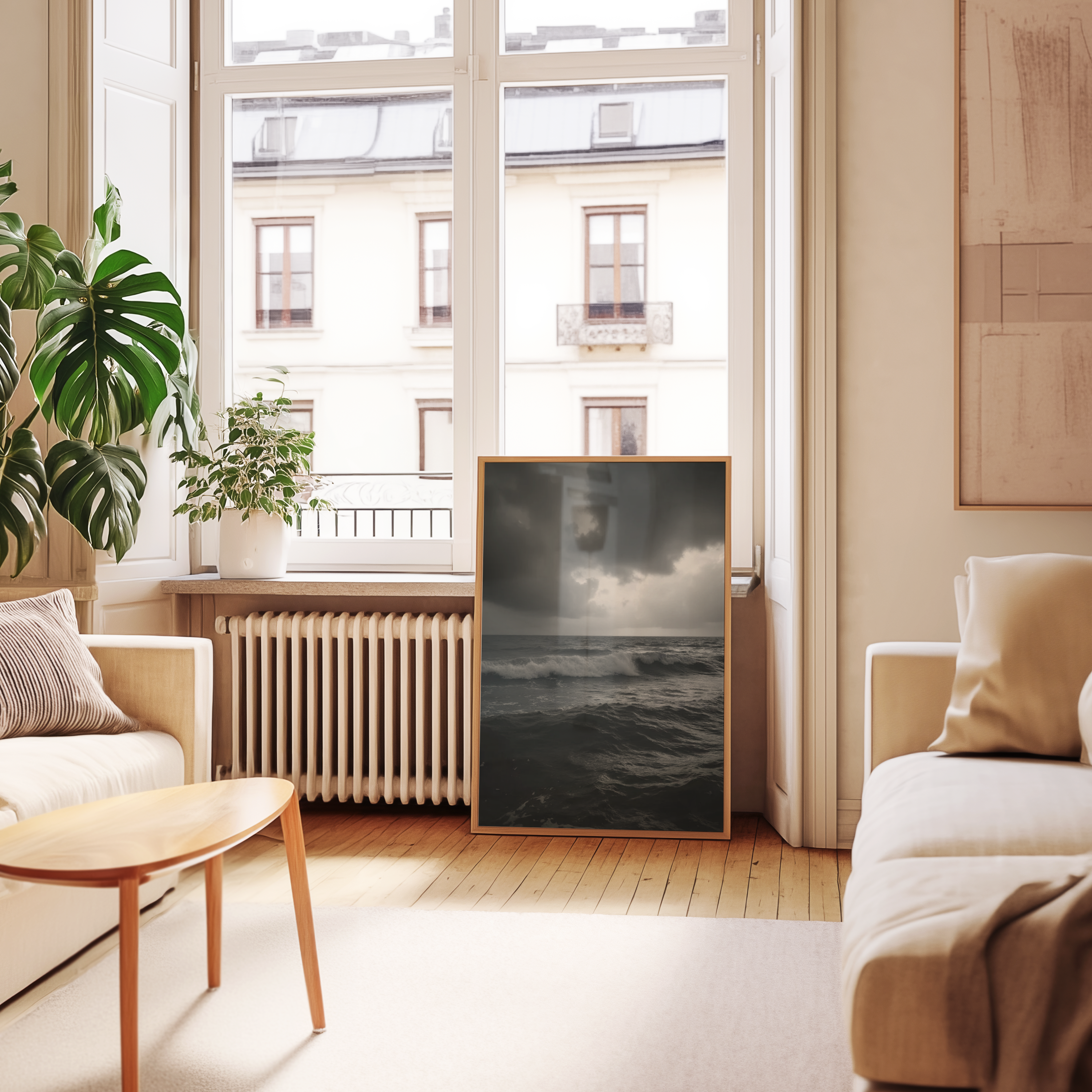 Väggmockup av Stormy Waves affisch på ljus tegelvägg – Bozetto konsttryck i hög tryckkvalitet