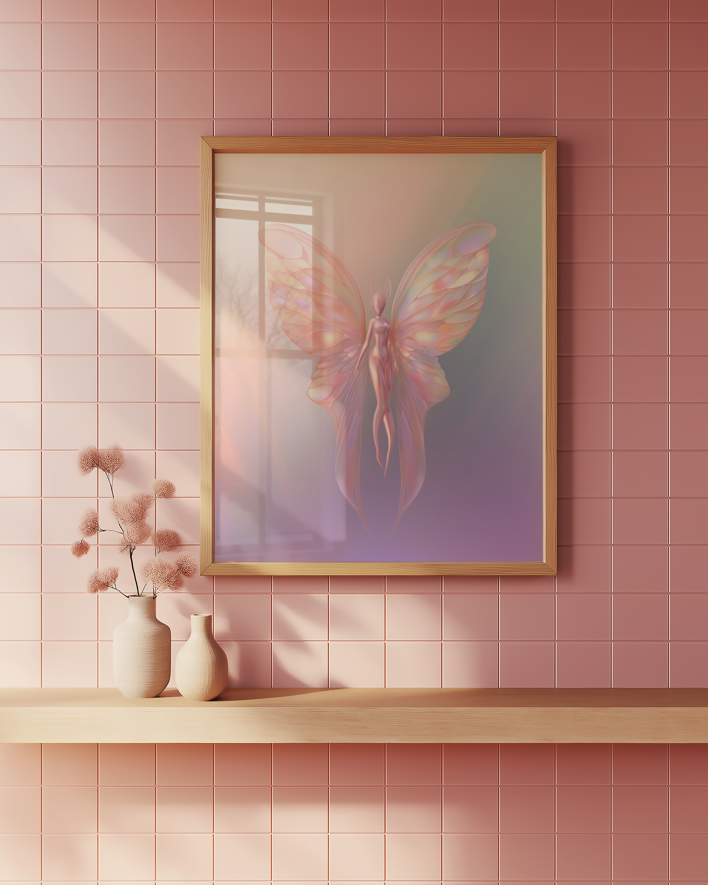 Mockup av Pastel Fairy Wings affisch på vägg – köp enkelt hos Bozetto i hög kvalitet