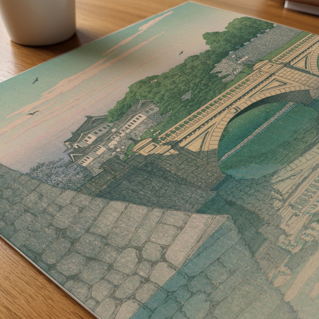 Hasui Kawase Morning at Nijubashi Bridge 1930 Poster – närbild på papper