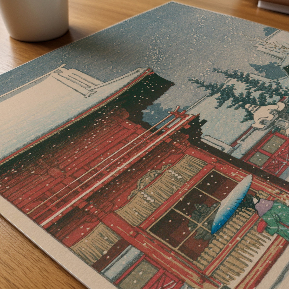 Hasui Kawase Snow at Nezu Gongen Shrine 1933 Poster – närbild på papper