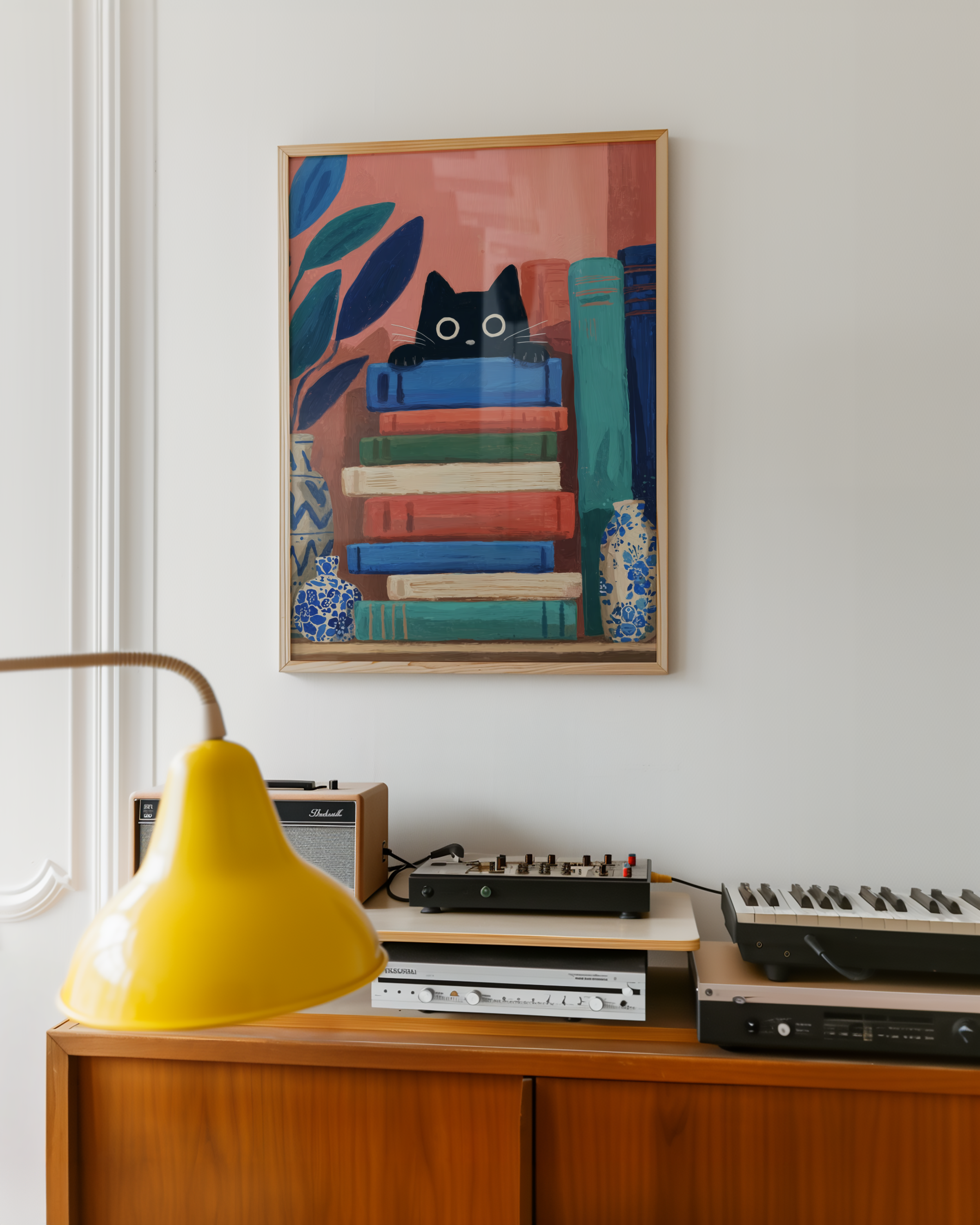 Väggmockup av Curious Book Cat affisch på ljus tegelvägg – Bozetto konsttryck i hög tryckkvalitet