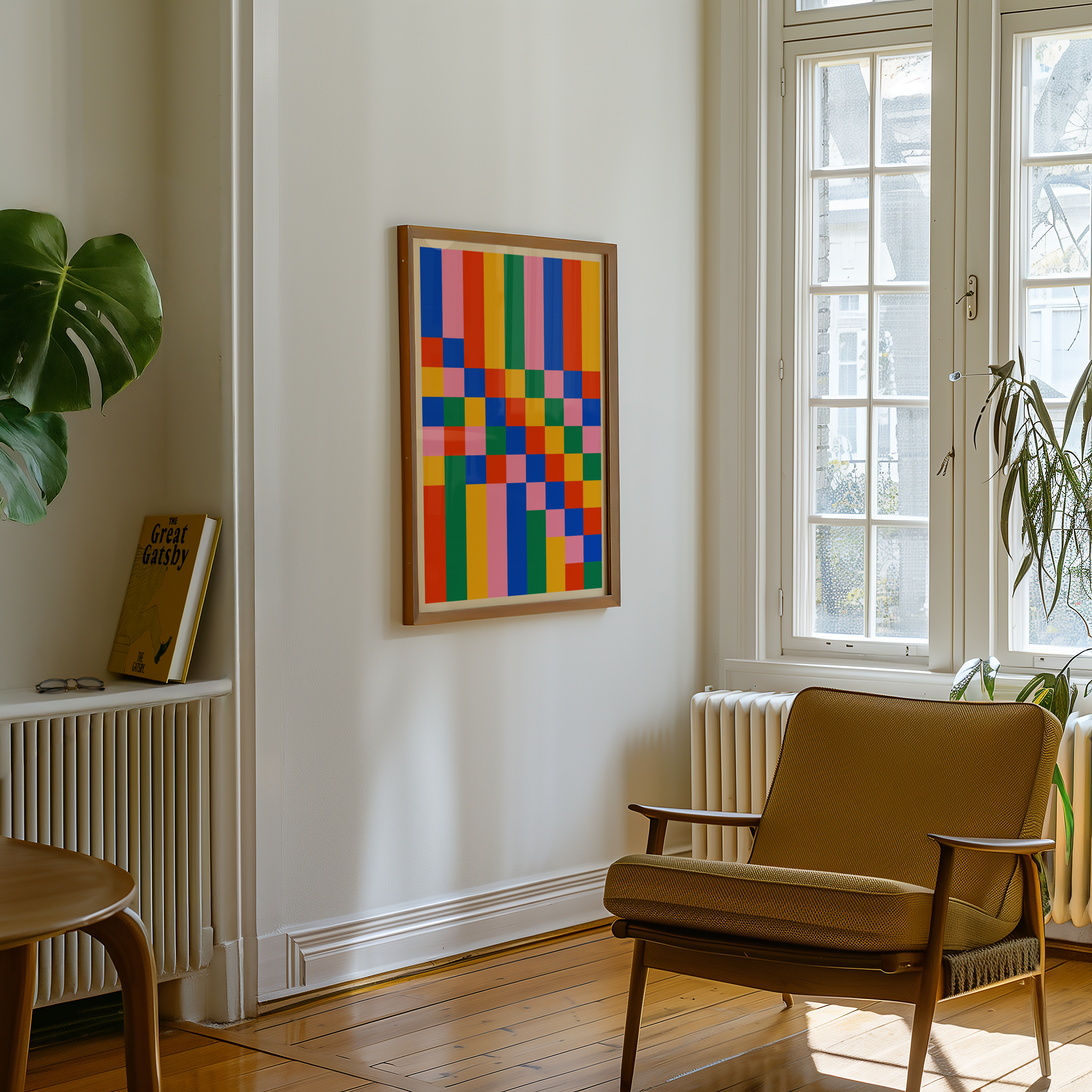 Mockup av Bauhaus Color Grid affisch på vägg – köp enkelt hos Bozetto i hög kvalitet