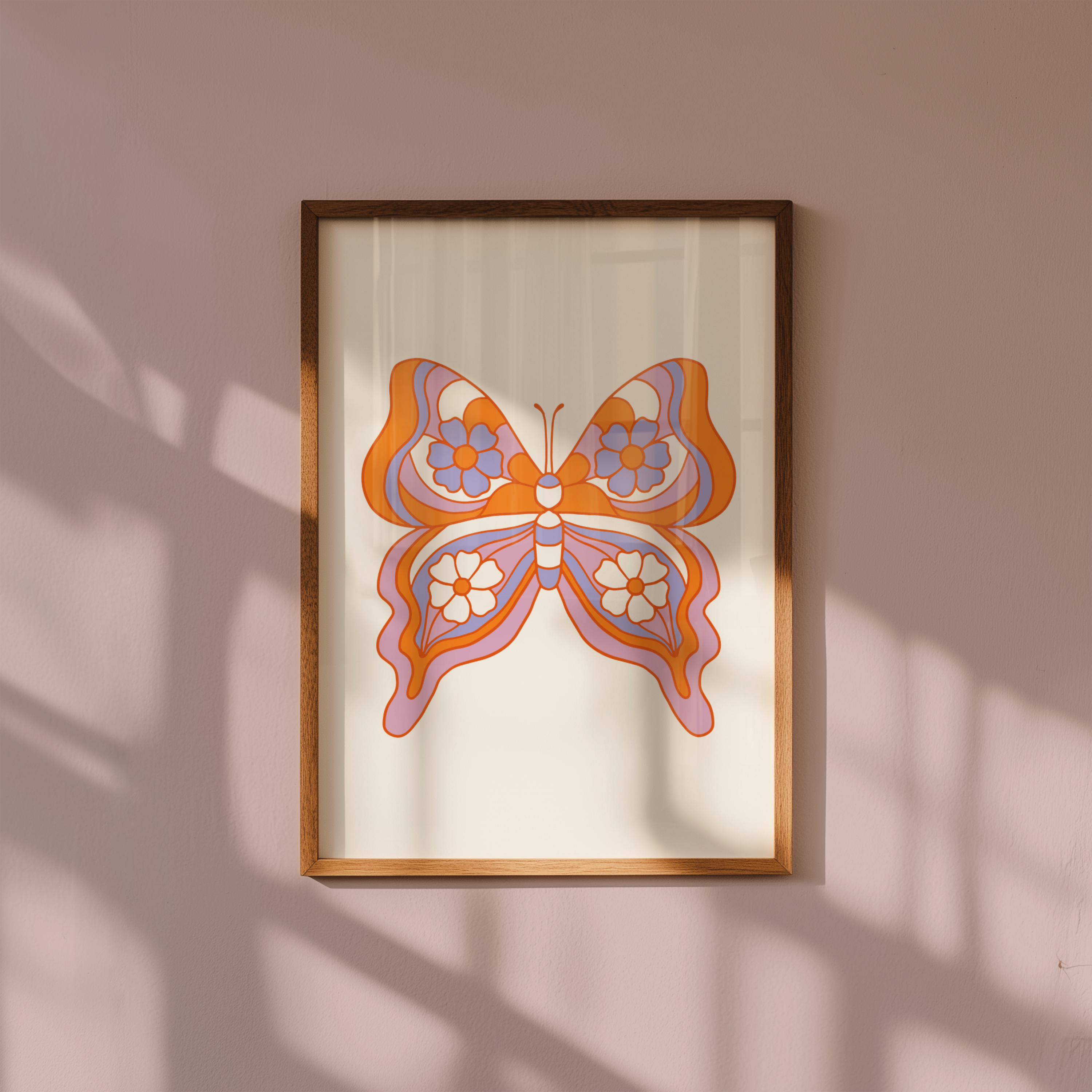 Mockup av Orange Butterfly Symmetry affisch på vägg – köp enkelt hos Bozetto i hög kvalitet