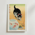 Cat and Bowl of Goldfish Ohara affisch på neutral bakgrund – poster från Bozetto