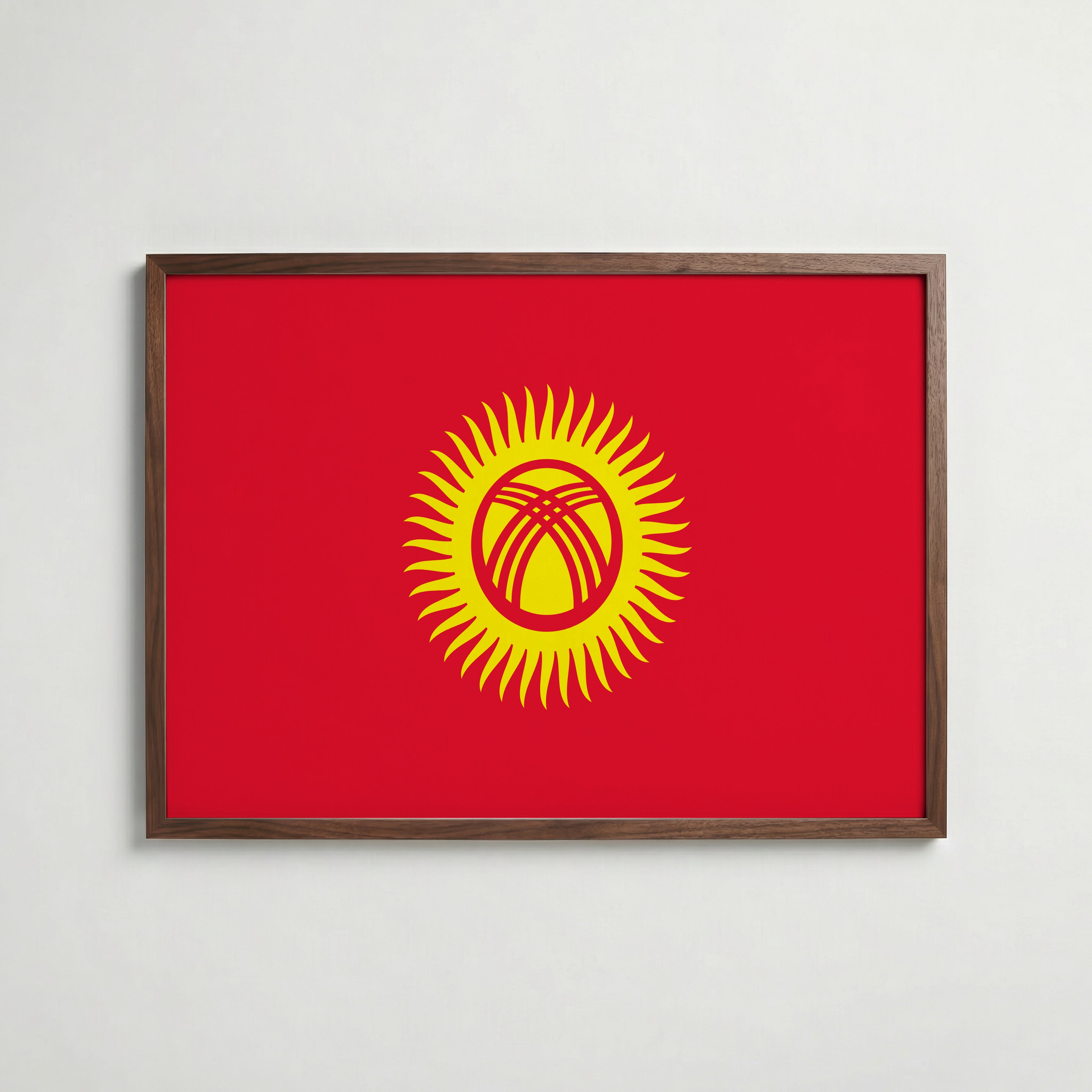 Kyrgyzstan National Flag Poster i valnötsram – varm konstaffisch för hemmet från Bozetto