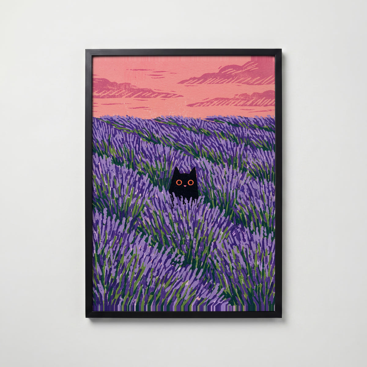 Hidden Cat Lavender Poster – svart ram