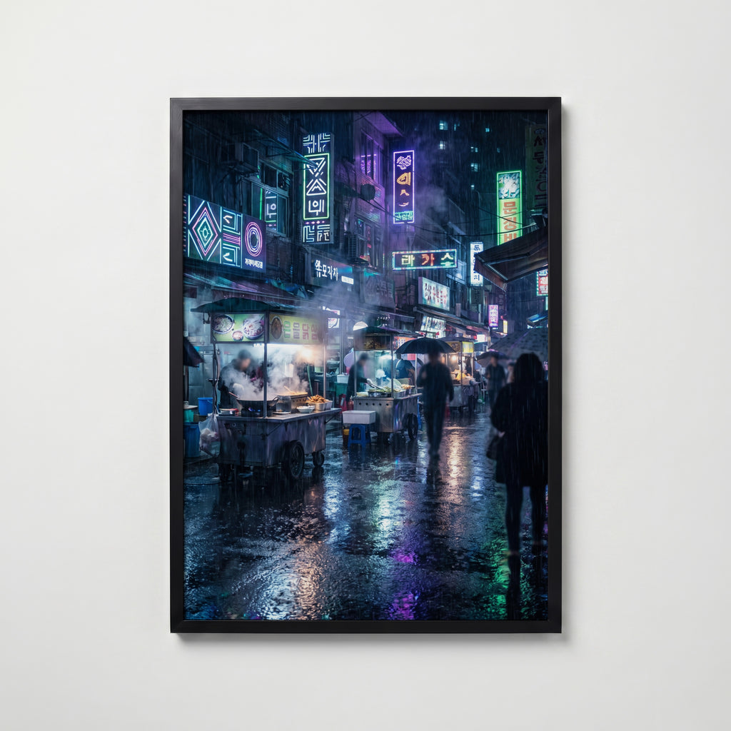 Neon Night Market Poster – svart ram