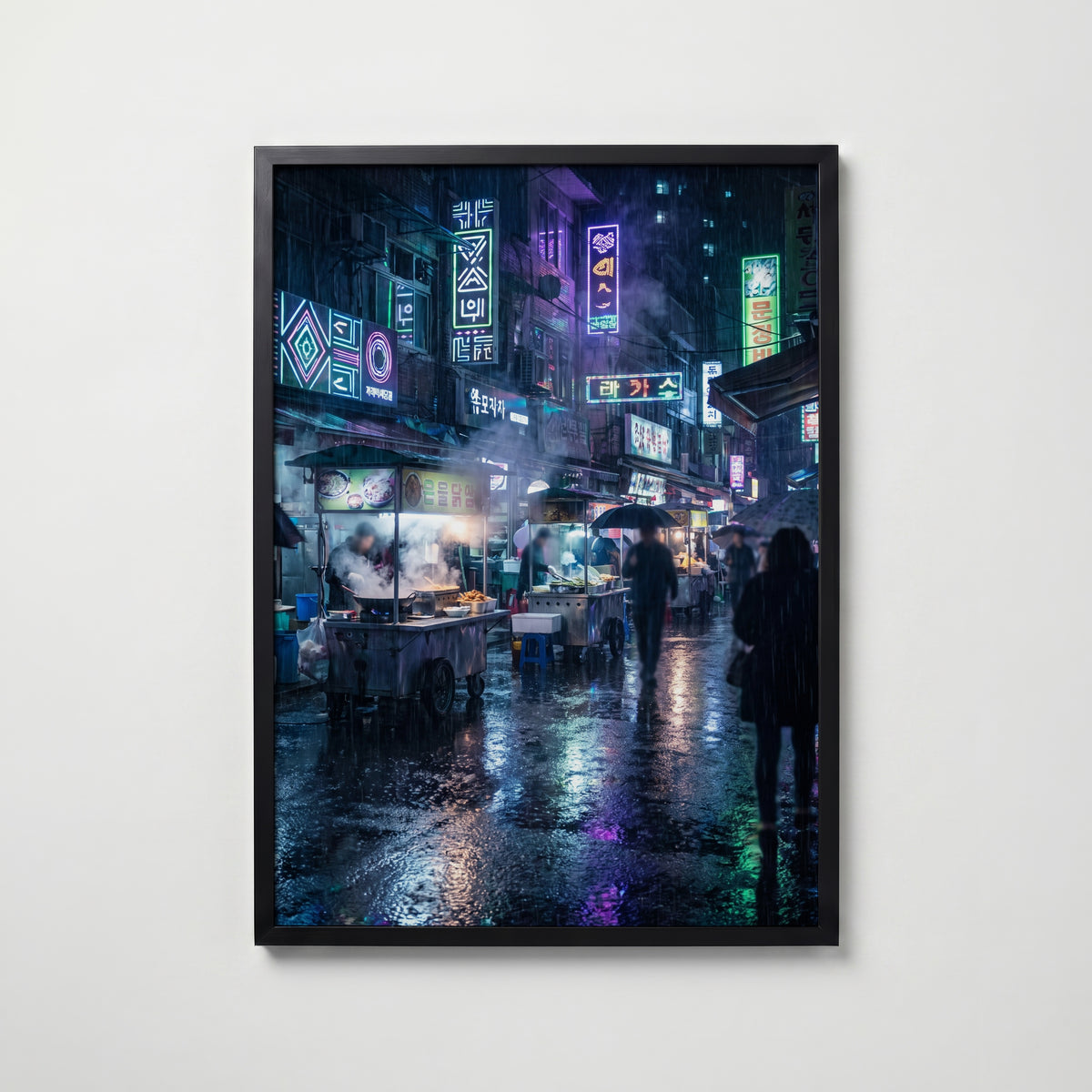 Neon Night Market Poster – svart ram