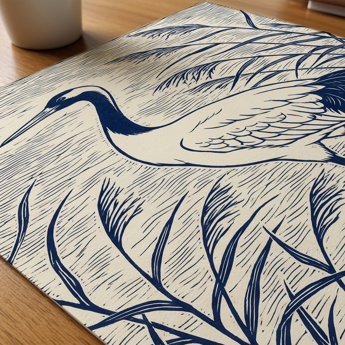 Blue Crane Linocut Poster – närbild på papper
