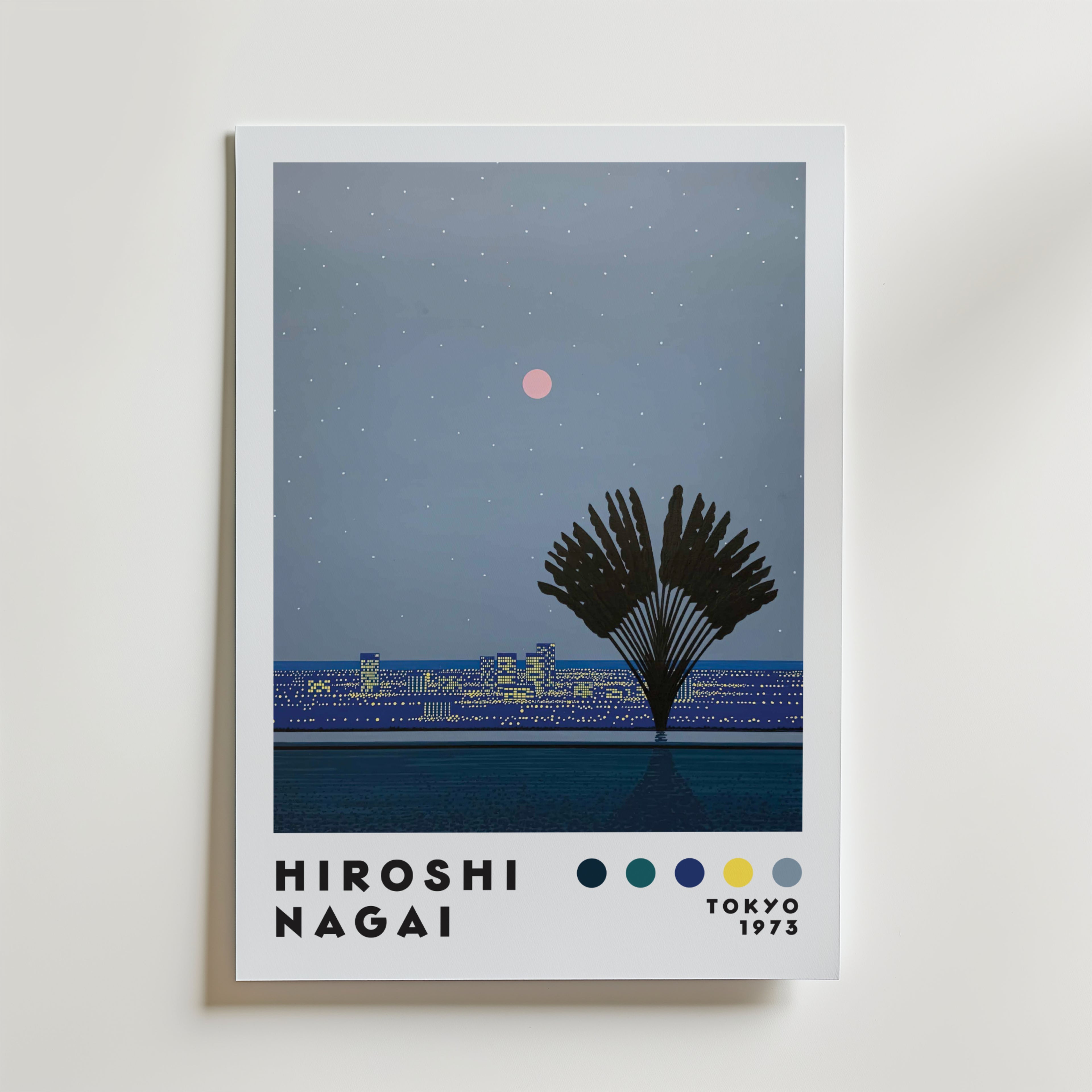 Mockup av Hiroshi Nagai Moon Over City affisch på vägg – köp enkelt hos Bozetto i hög kvalitet