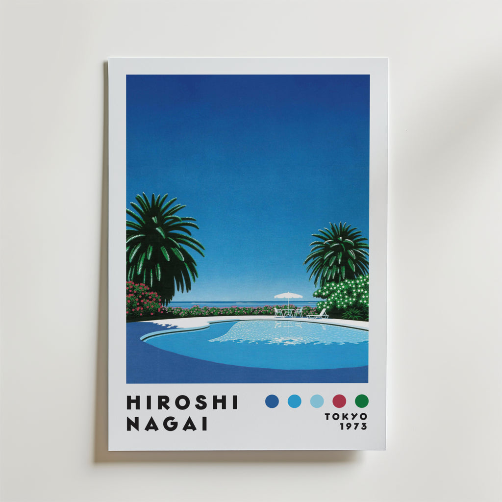 Mockup av Hiroshi Nagai Seaside Pool affisch på vägg – köp enkelt hos Bozetto i hög kvalitet