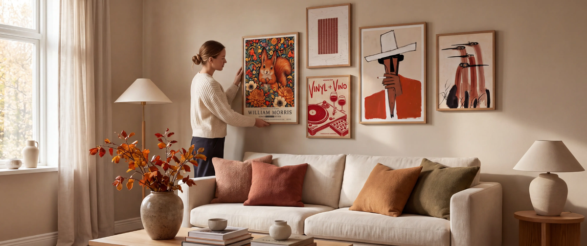 Vrouw die een poster met een zwarte kat tegen de muur zet naast een lichte woonkamer met ingelijste posters