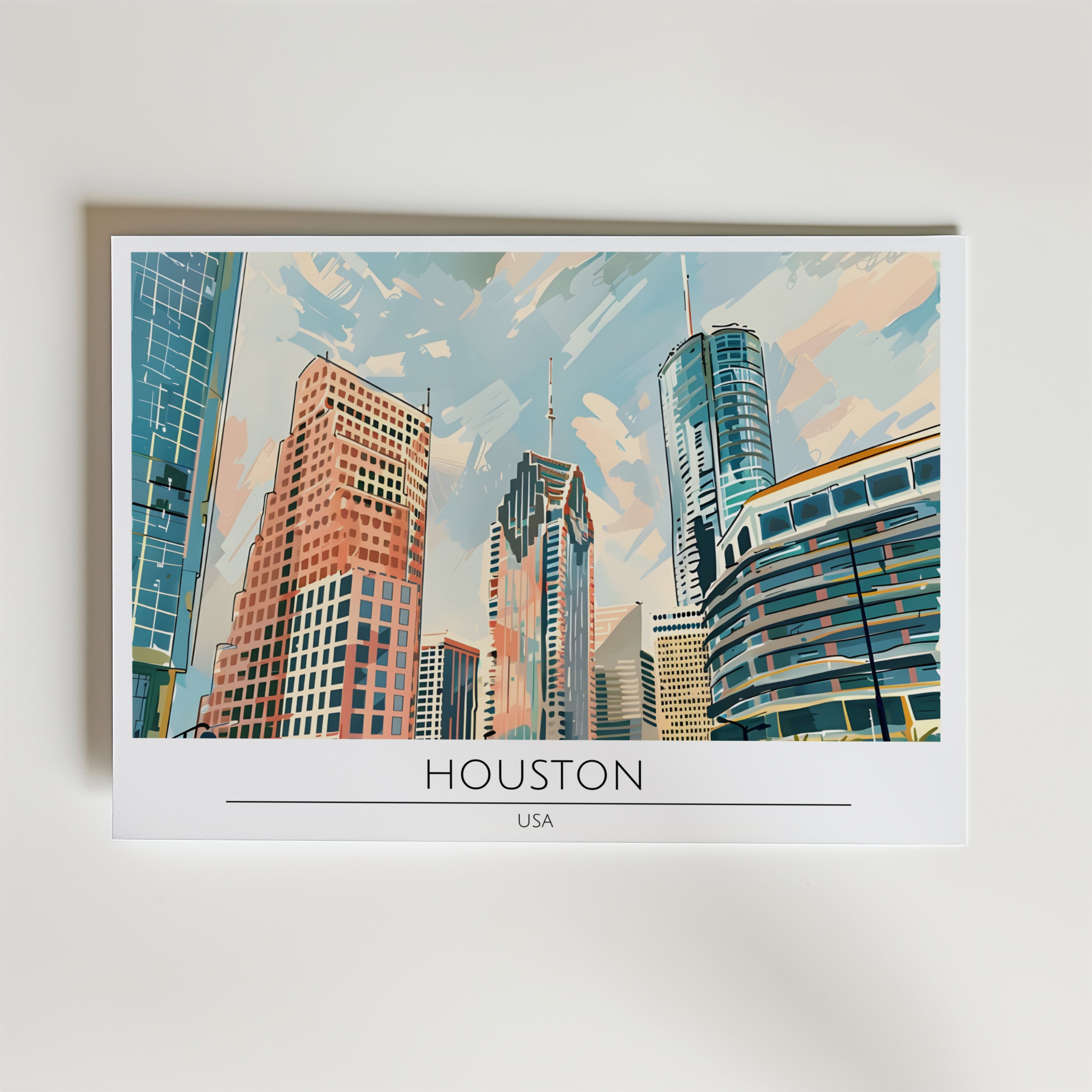 Houston Skyline – stilfullt konsttryck från Bozetto, tryckt på matt finpapper i hög tryckkvalitet