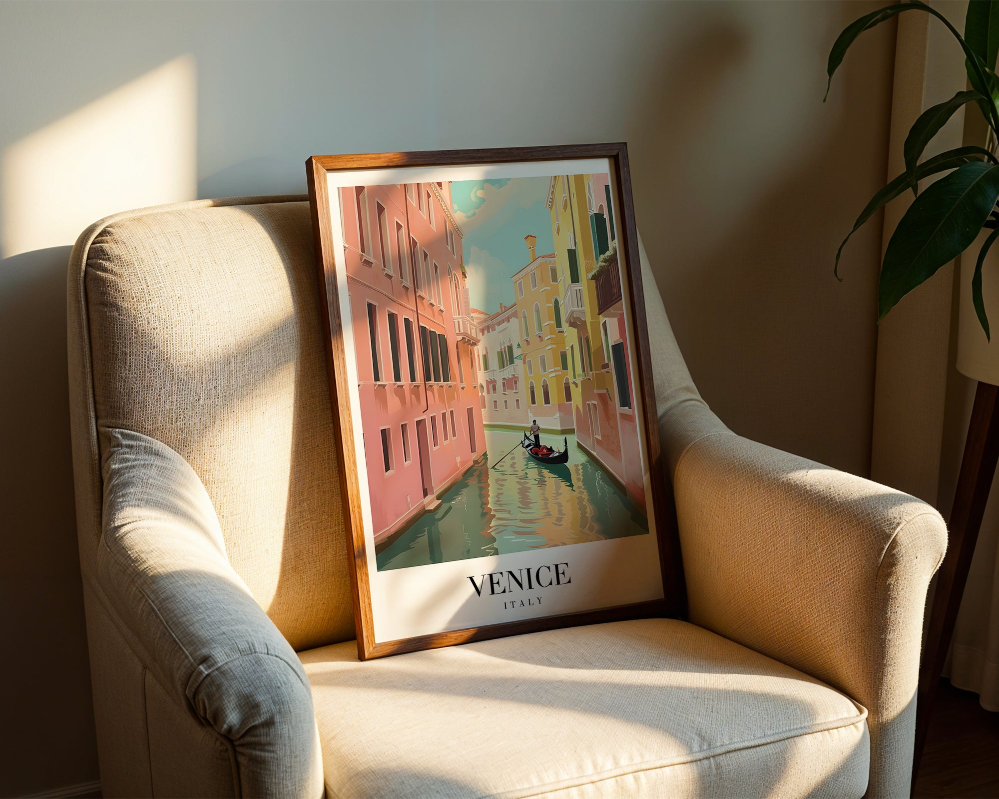 The Venice poster visualiserad på vägg – se rätt storlek med mockup från Bozetto