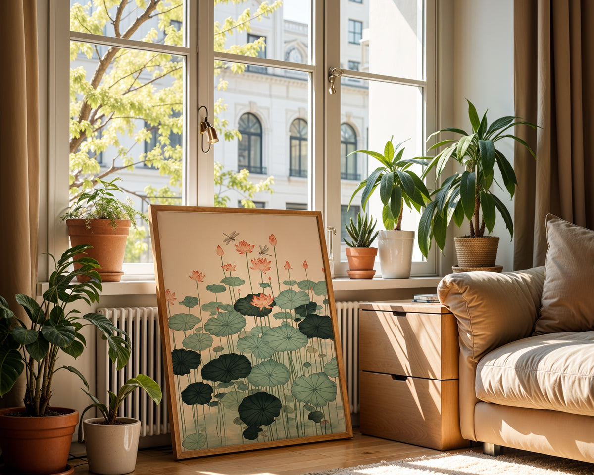 Lotus Pond Poster, lotusdamm i akvarell i inrett rum, tryckt i Sverige av Bozetto