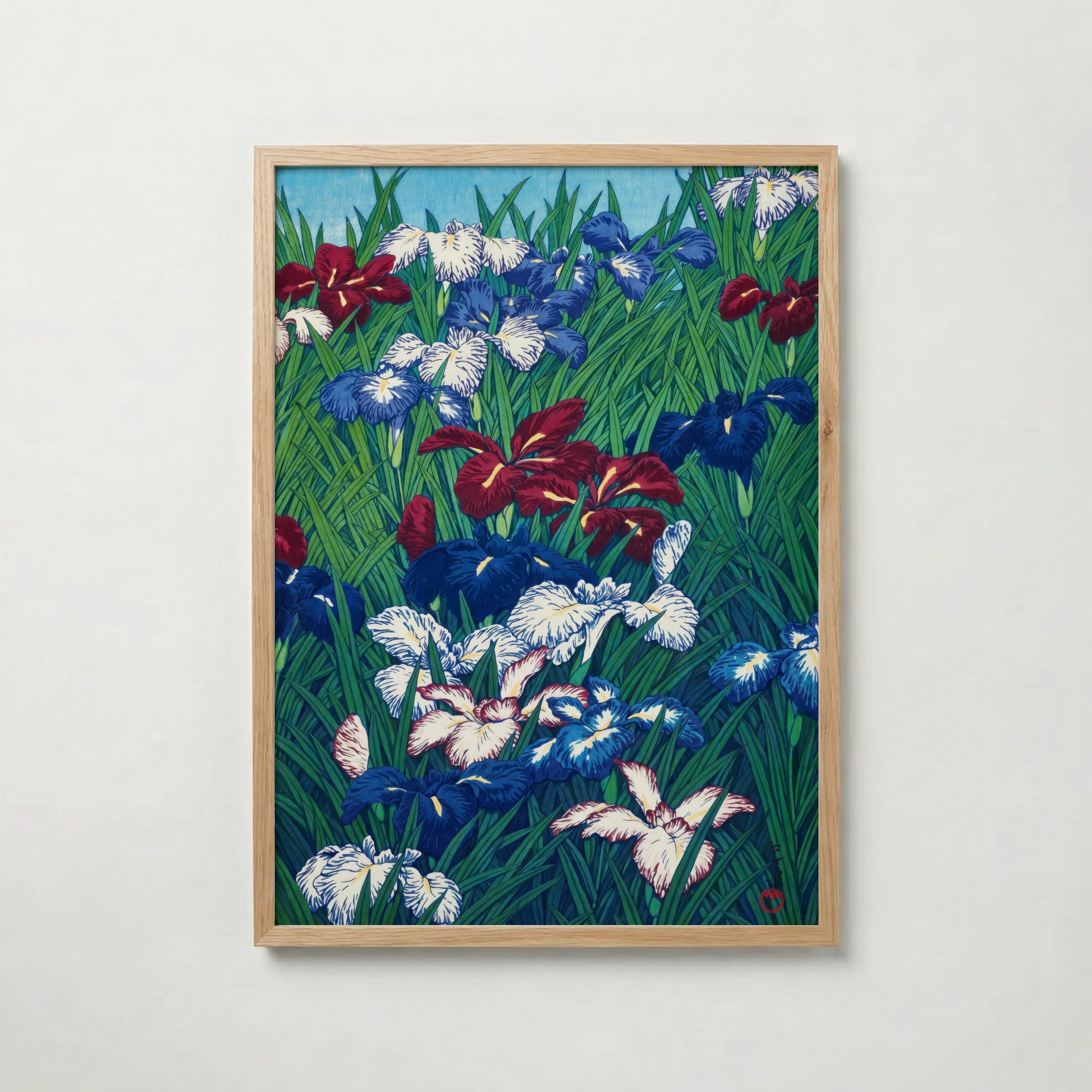 Ayame (Iris) Kawase Hasui i ekram med ljust trä – köp enkelt hos Bozetto affisch