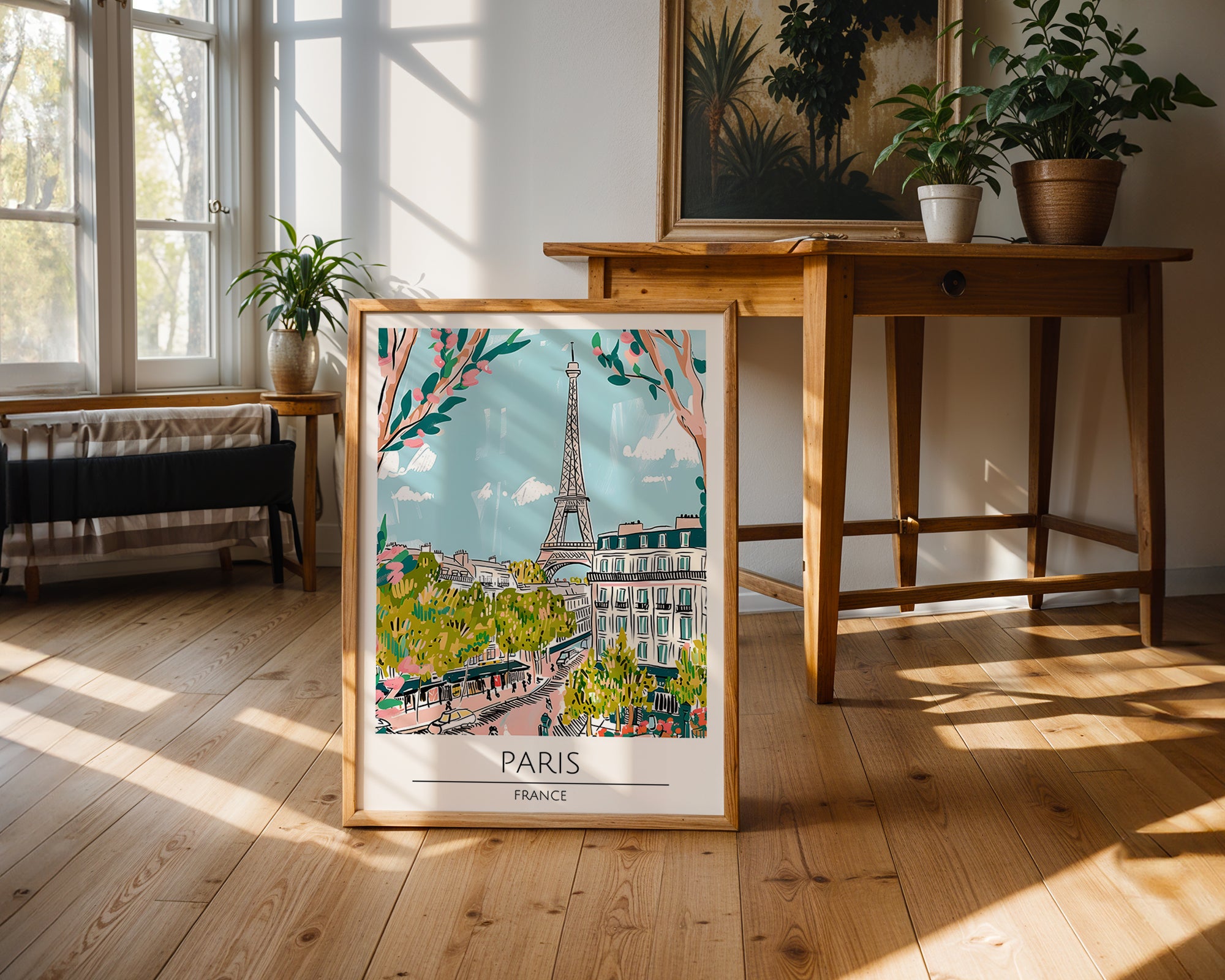 Mockup av Eiffel Tower View affisch på vägg – köp enkelt hos Bozetto i hög kvalitet