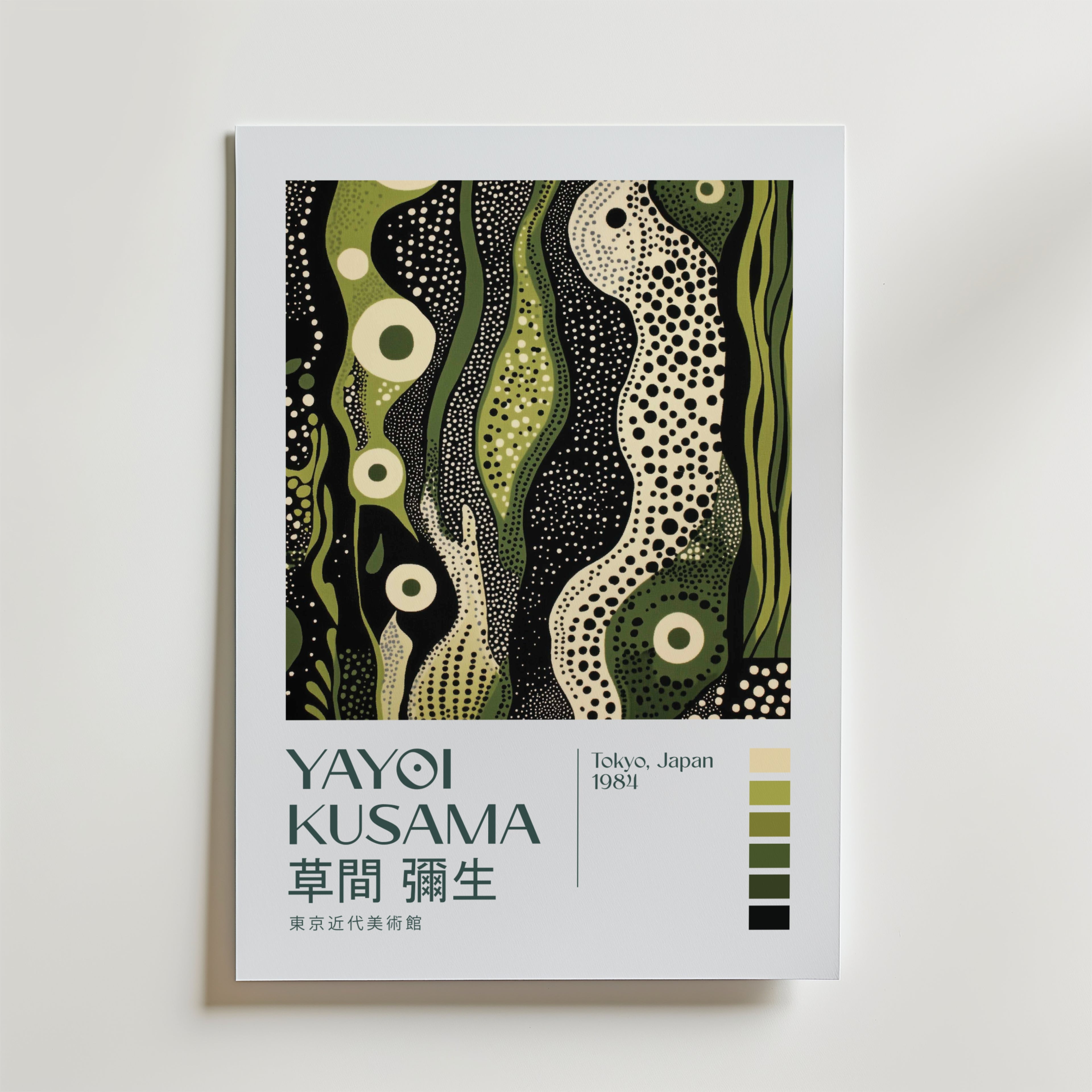Mockup av Yayoi Kusama Emerald Reverie affisch på vägg – köp enkelt hos Bozetto i hög kvalitet