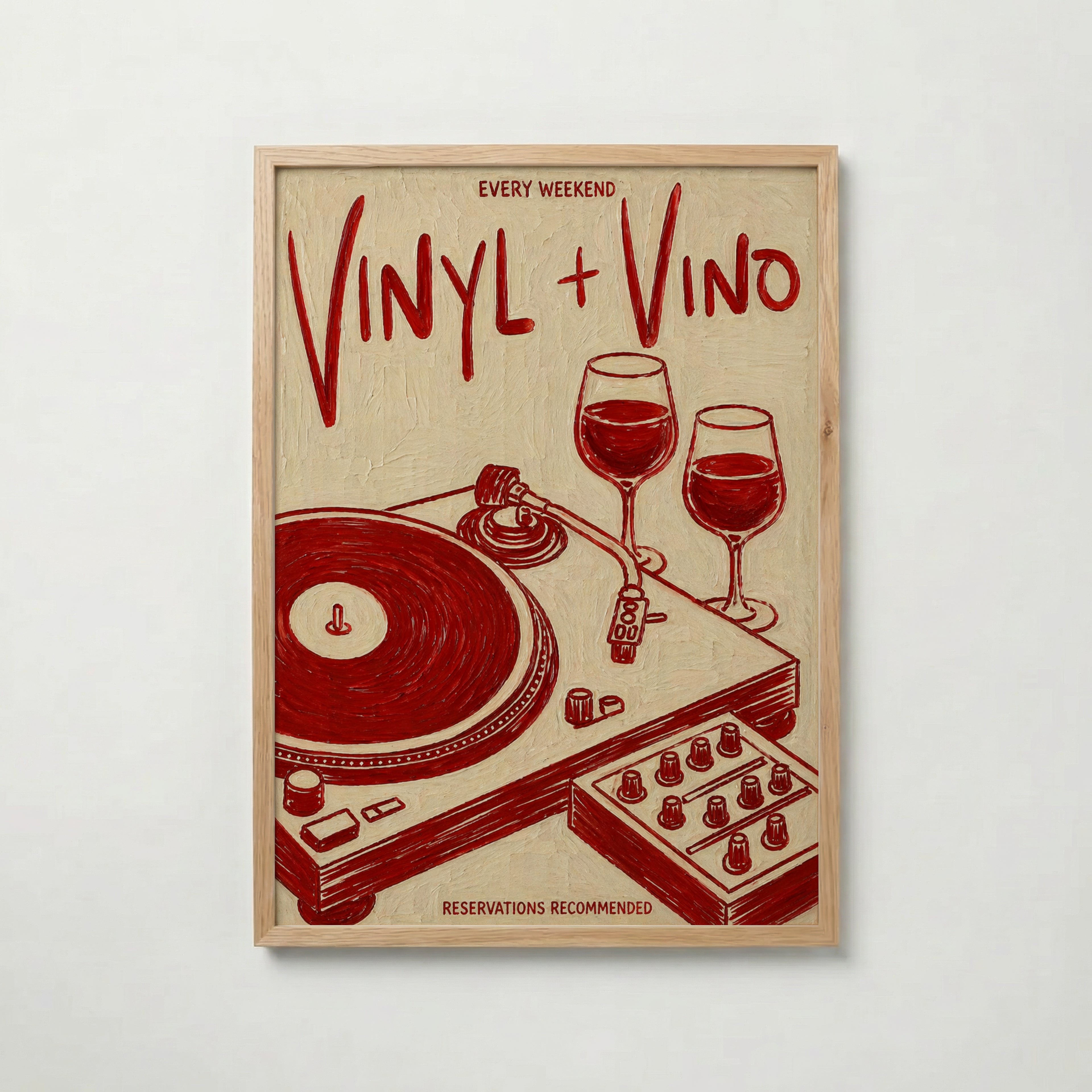 Vinyl & Vino i ekram med ljust trä – köp enkelt hos Bozetto affisch i hög kvalitet