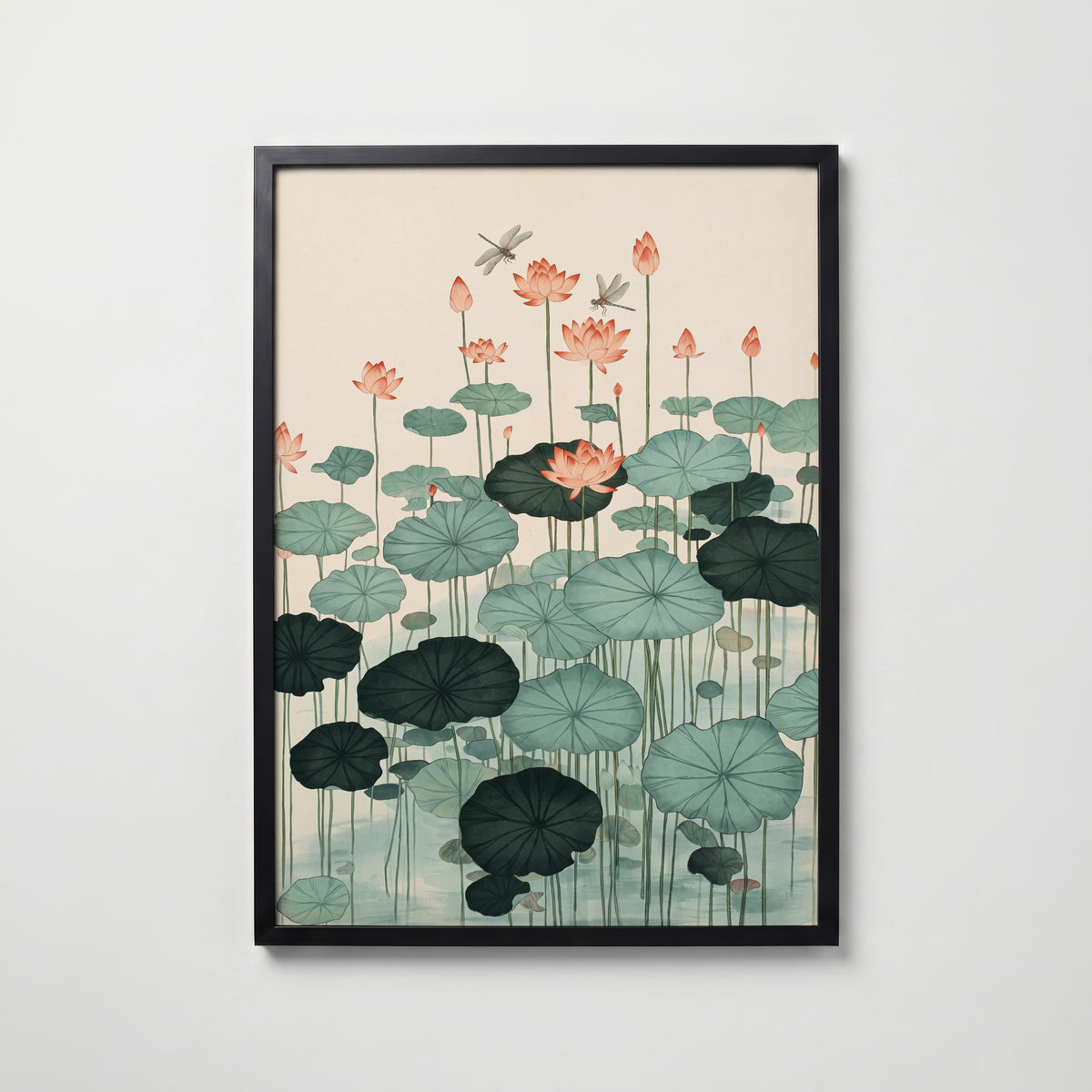 Lotus Pond Poster, lotusdamm i akvarell i svart ram, konsttryck från Bozetto