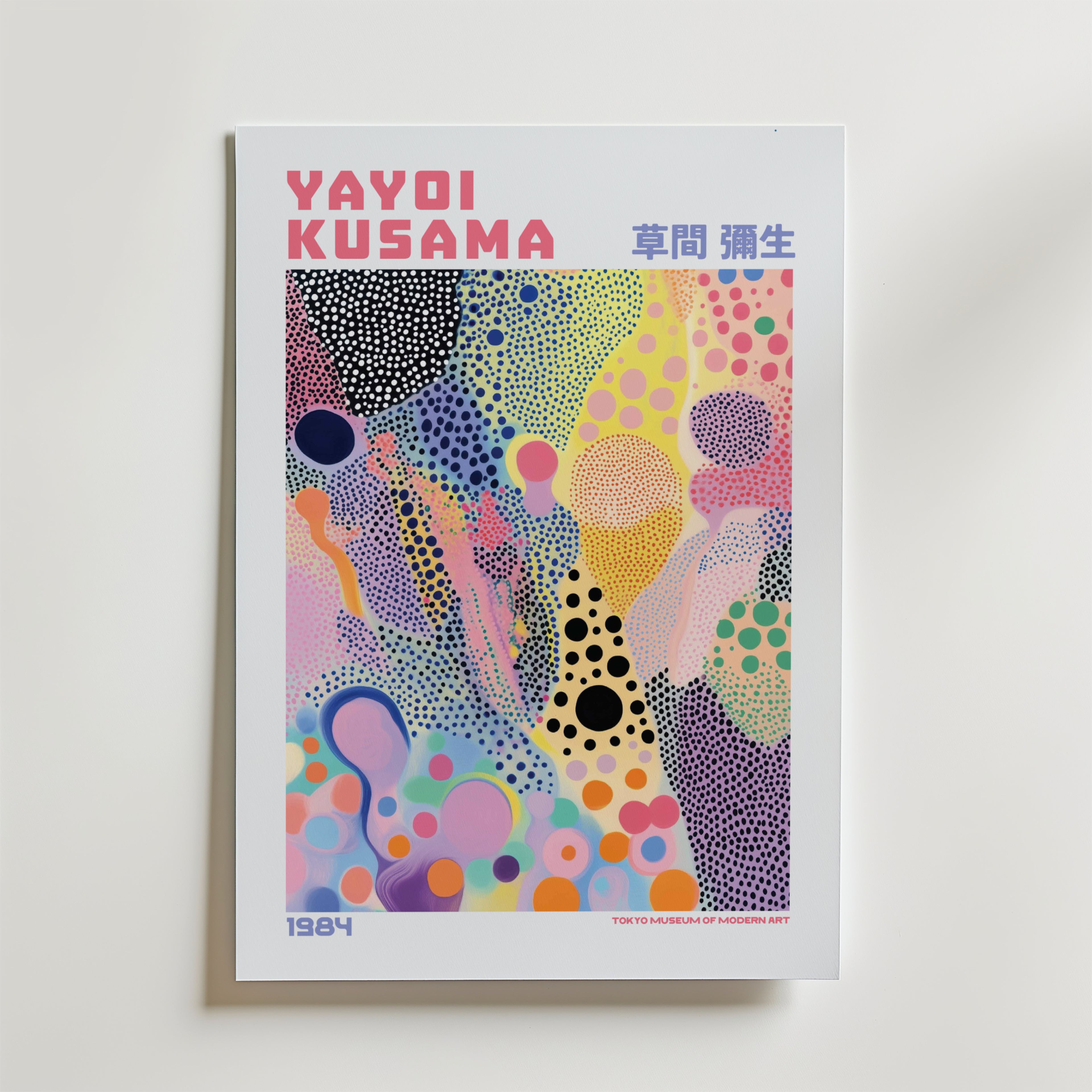 Mockup av Yayoi Kusama Colorful Dots affisch på vägg – köp enkelt hos Bozetto i hög kvalitet