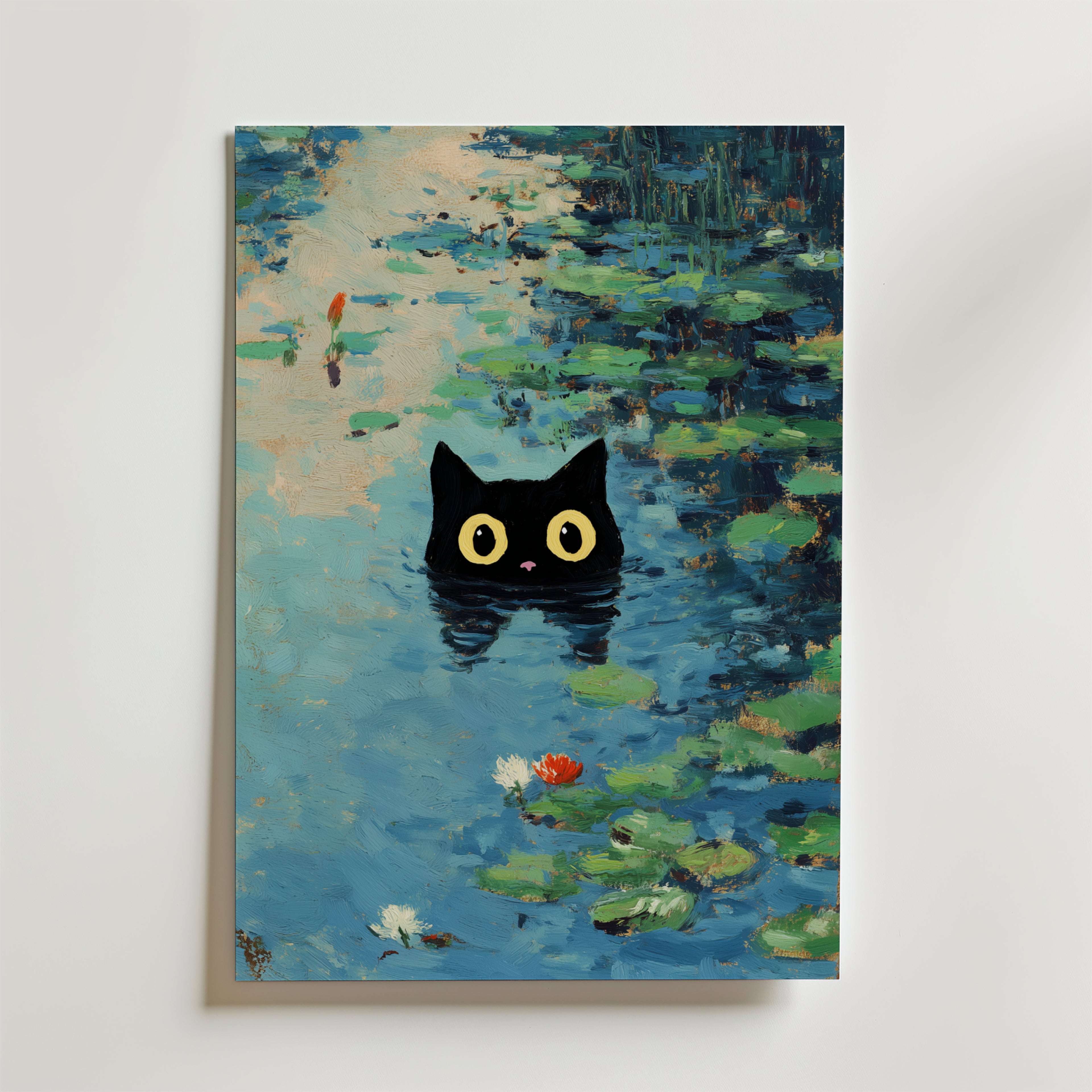 Waterlily Cat – stilfullt konsttryck från Bozetto, tryckt på matt finpapper i hög tryckkvalitet