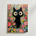 Colorful Cat in Bloom Poster – svart katt i färgsprakande blomhav på canvas, tryckt i Sverige