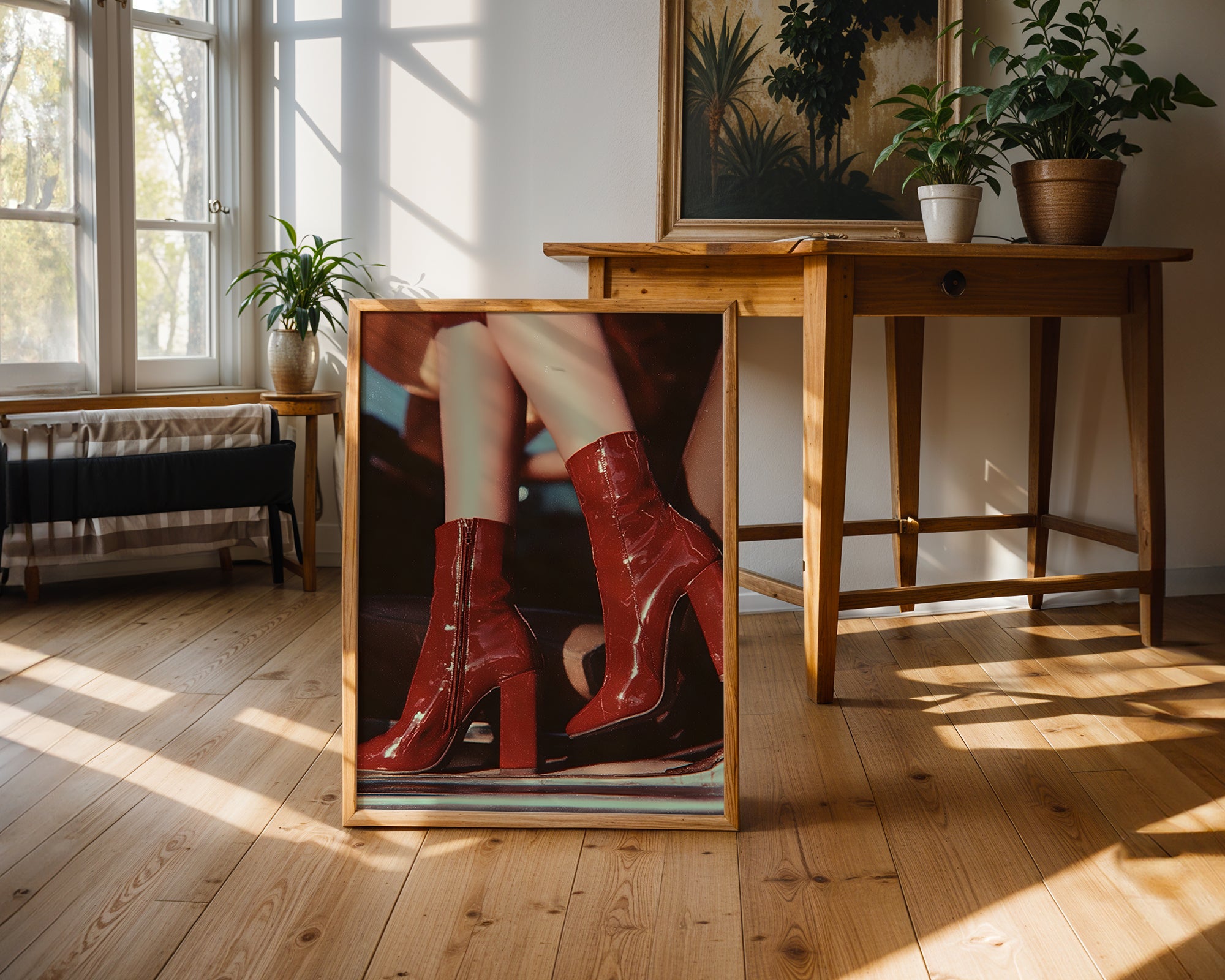 Väggmockup av Crimson Heels affisch på ljus tegelvägg – Bozetto konsttryck i hög tryckkvalitet