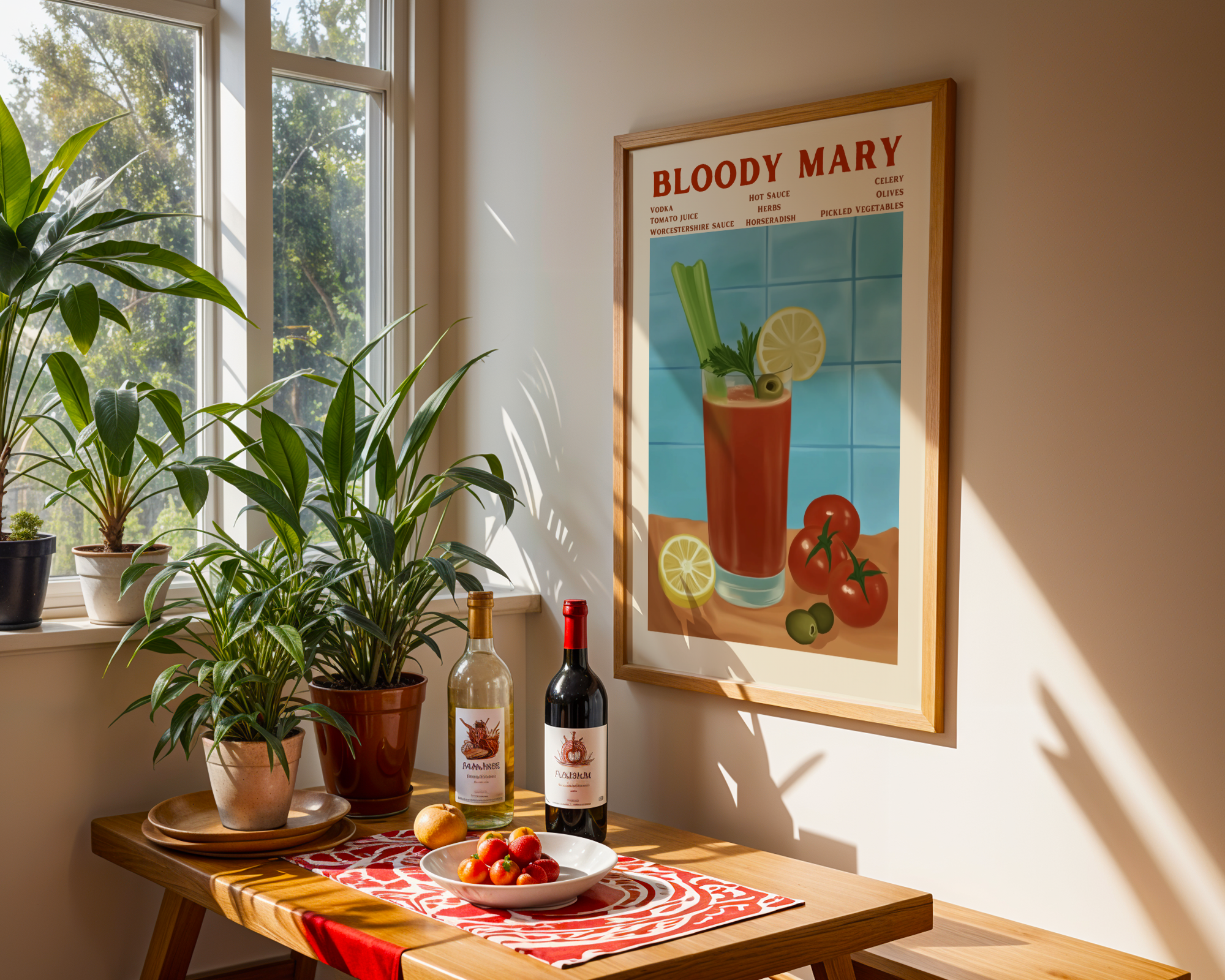 Mockup av Bloody Mary Cocktail affisch på vägg – köp enkelt hos Bozetto i hög kvalitet