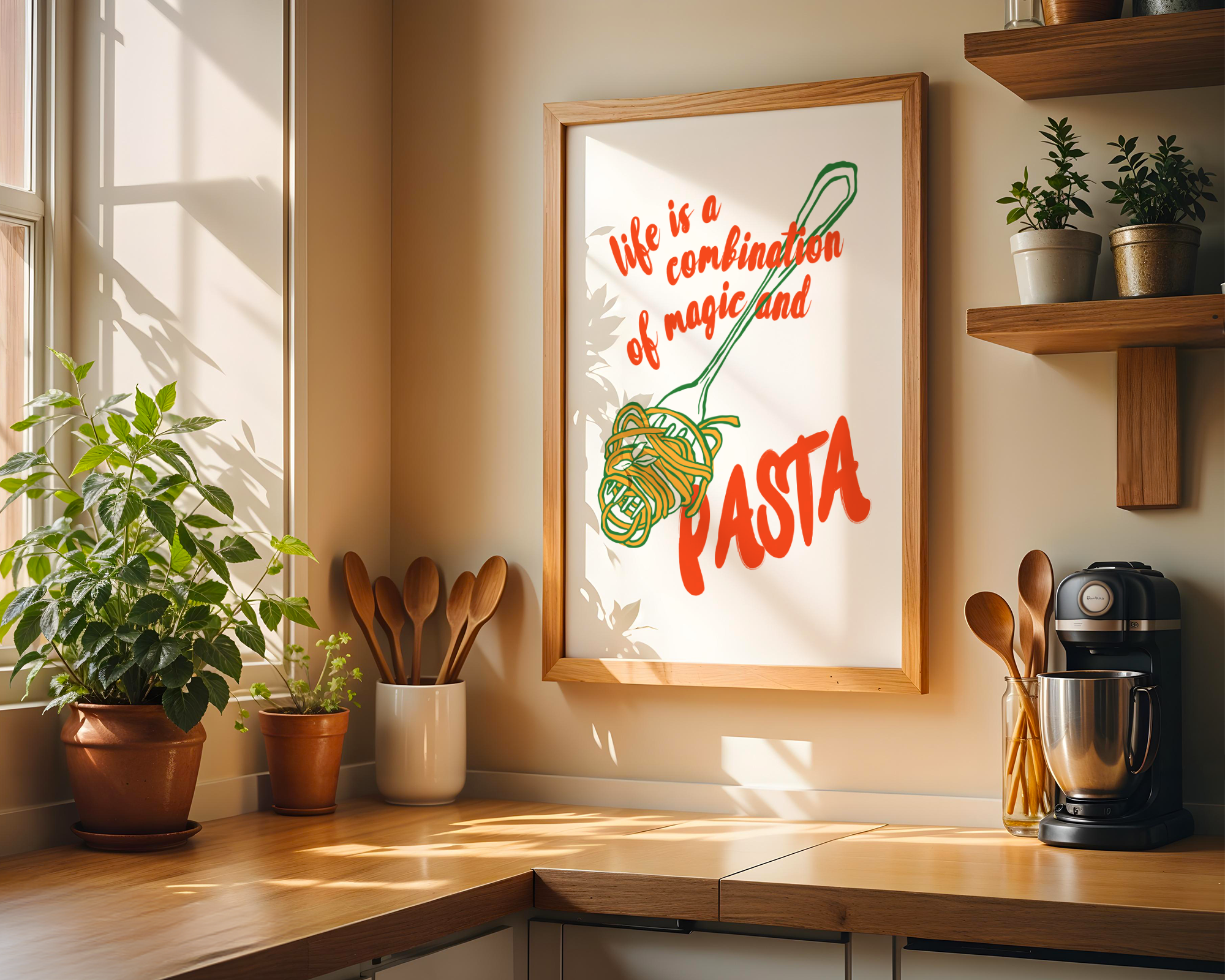 Mockup av Life Is Magic And Pasta affisch på vägg – köp enkelt hos Bozetto i hög kvalitet