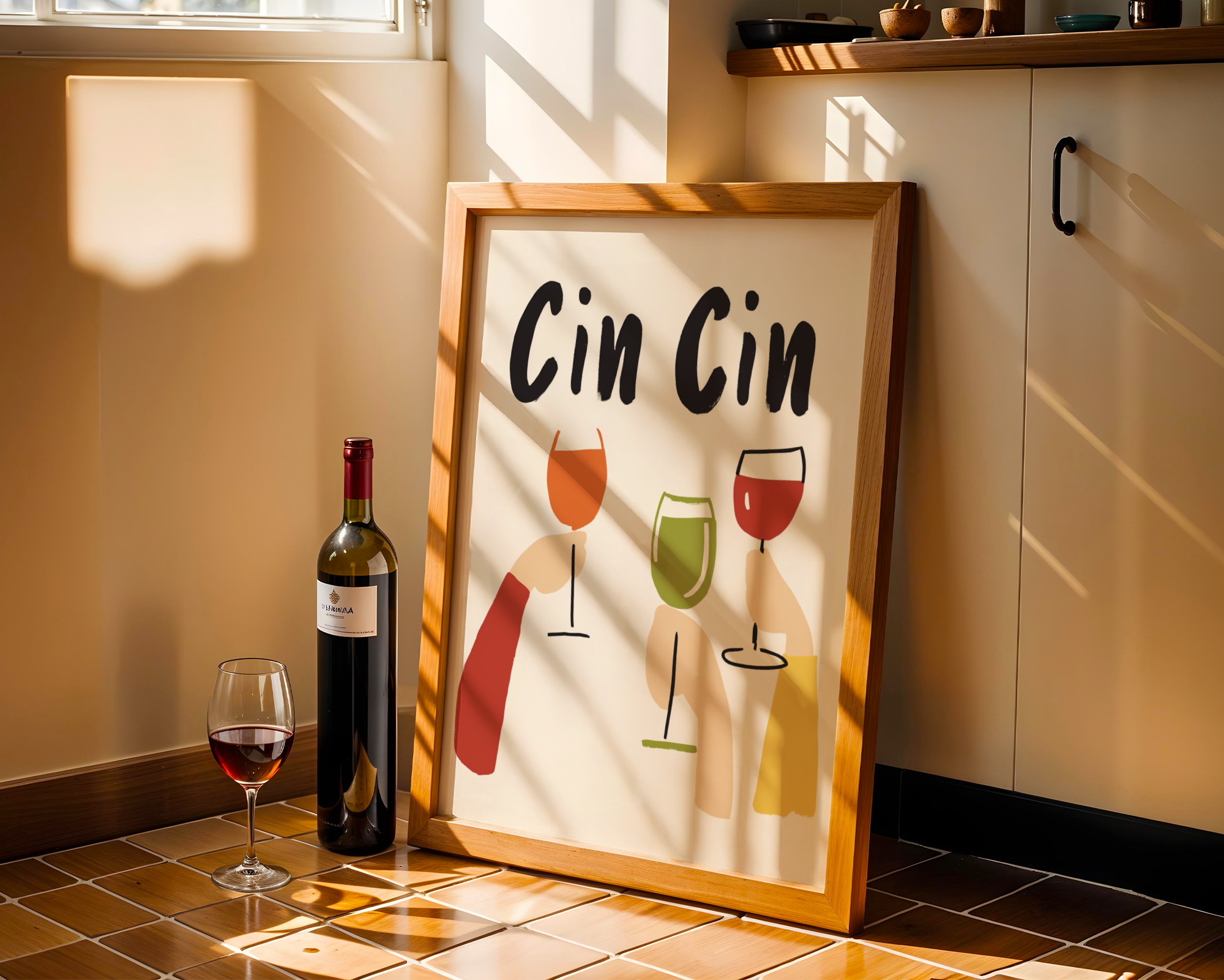 Mockup av Cin Cin Cheers affisch på vägg – köp enkelt hos Bozetto i hög kvalitet