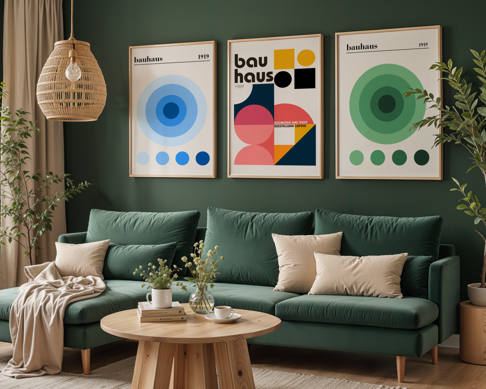 Bundle 3-pack Bauhaus Geometric Harmony visualiserad i interiör – postercollection hos Bozetto