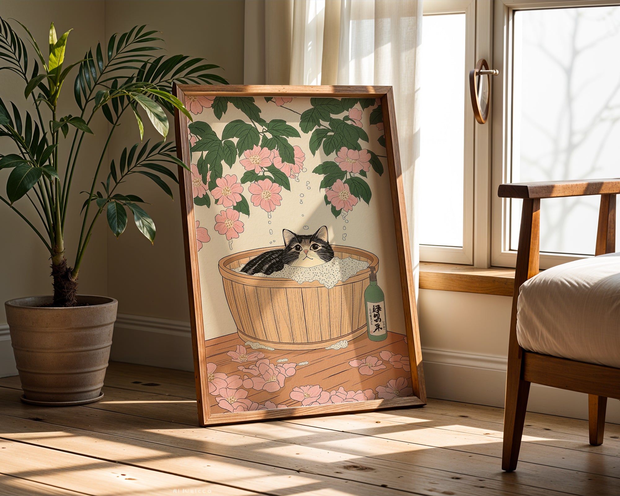 Väggmockup av Cat In Sakura Bath affisch på ljus vägg – Bozetto konsttryck – nr 2