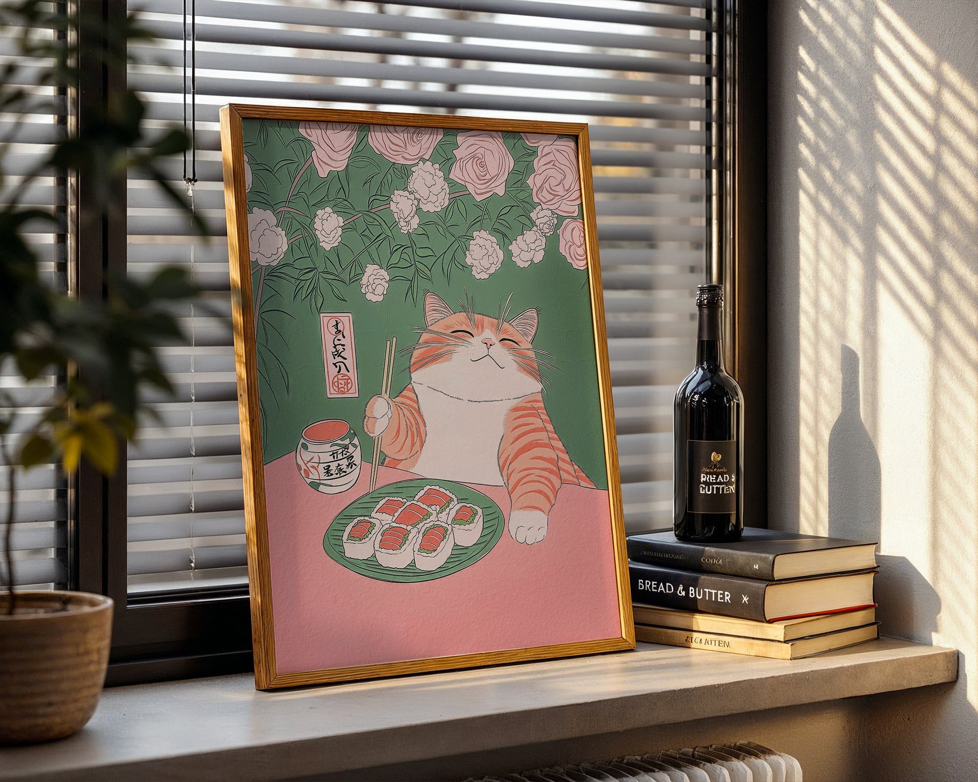 Väggmockup med Sushi Cat Delight – köp enkelt hos Bozetto affisch i hög kvalitet