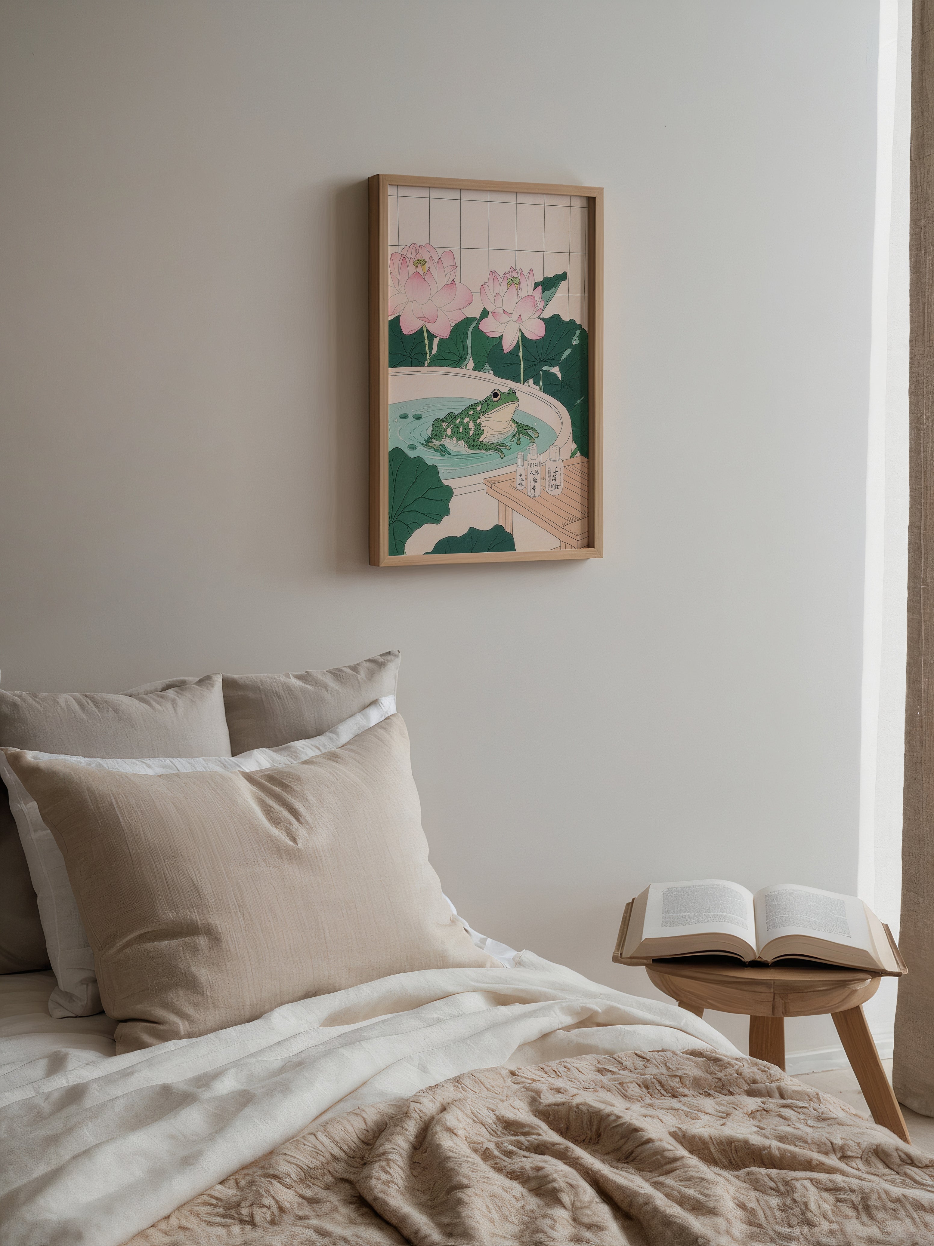 Lotus Frog Bath poster visualiserad på vägg – se rätt storlek med mockup från Bozetto