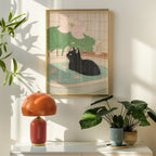 Väggmockup av Serene Black Cat affisch på ljus tegelvägg – Bozetto konsttryck i hög tryckkvalitet