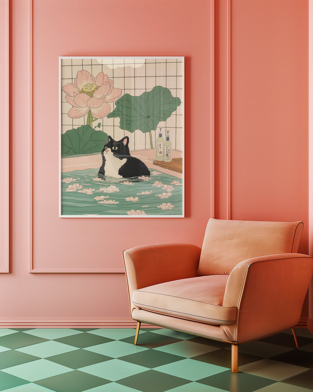 Serene Feline poster visualiserad på vägg – se rätt storlek med mockup från Bozetto