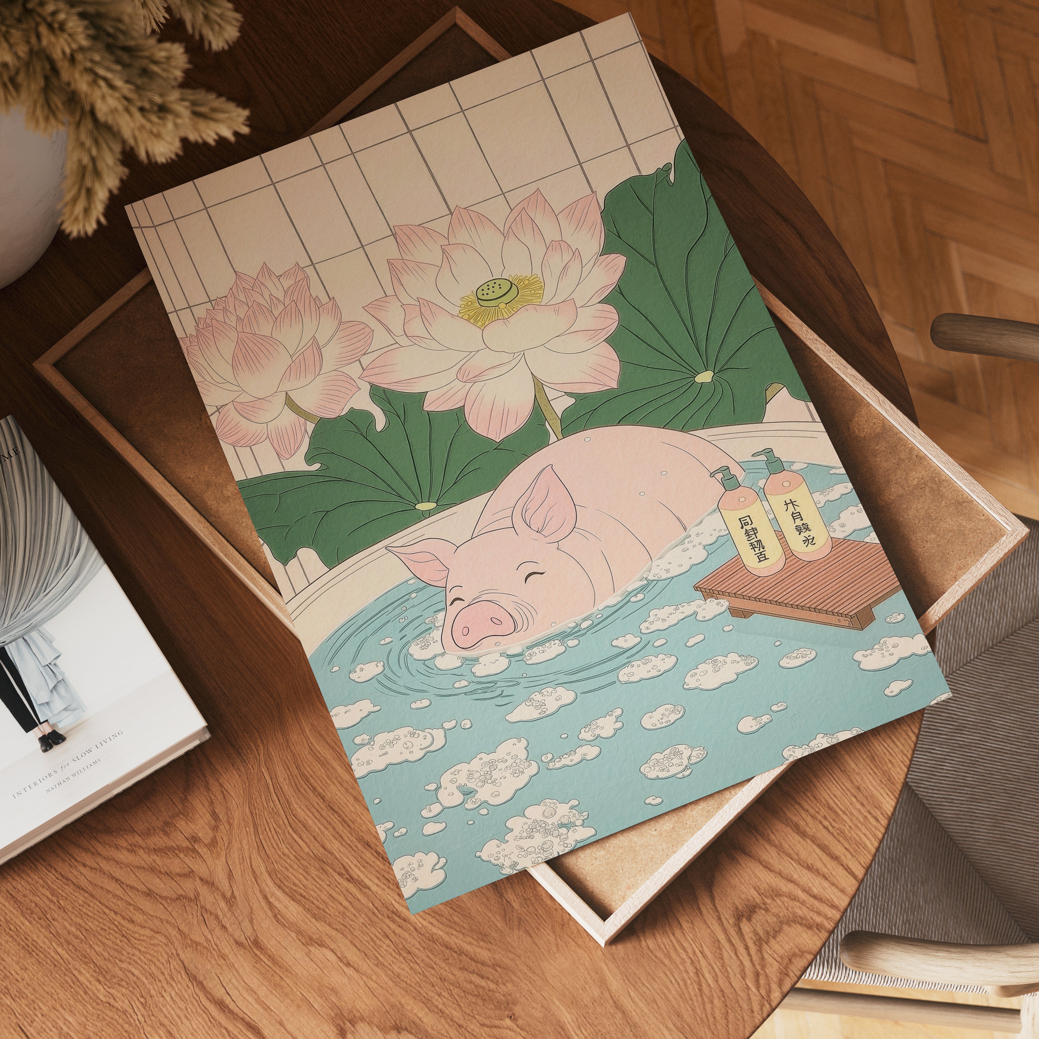 Väggmockup av Pig In Lotus Bath affisch på ljus vägg – Bozetto konsttryck – nr 4