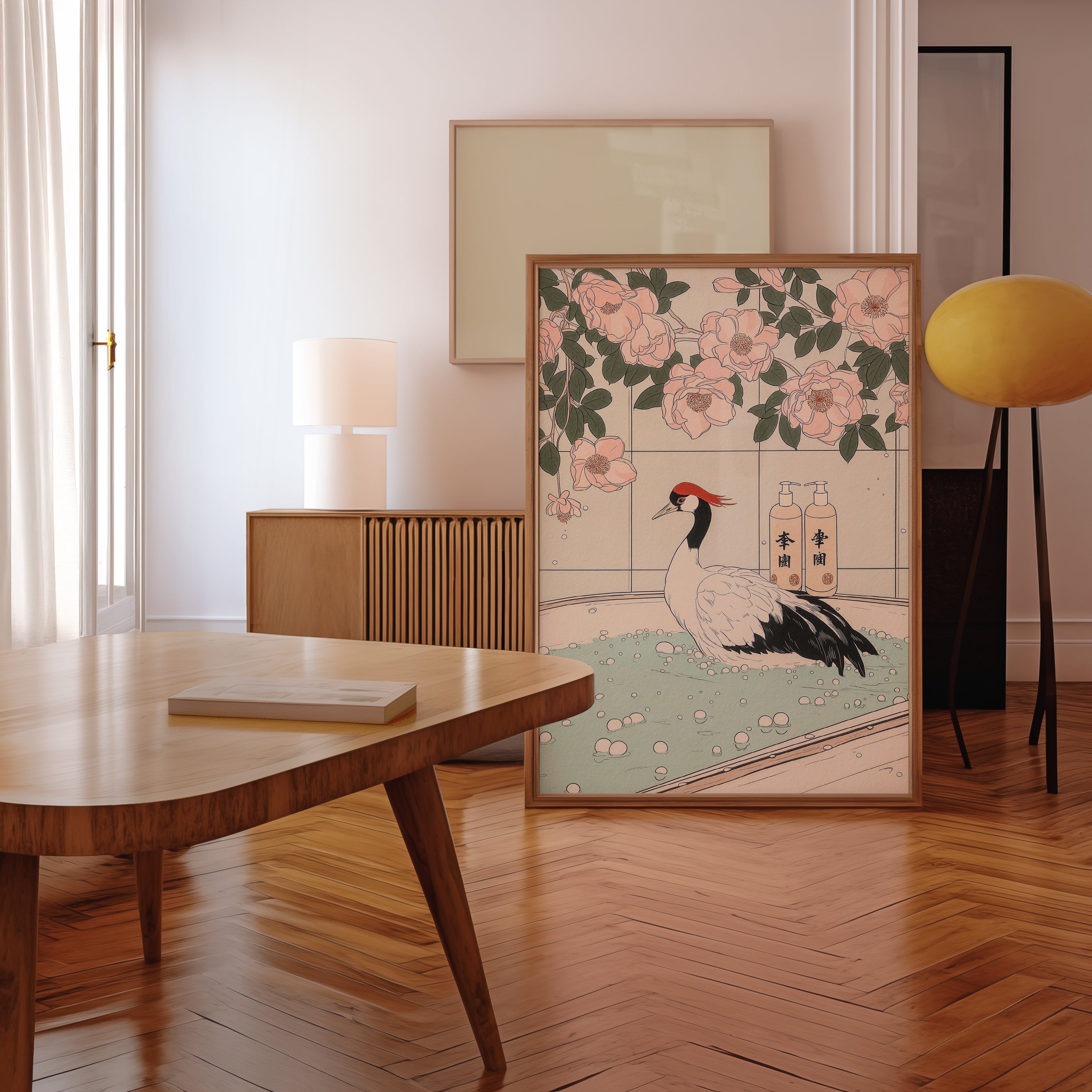Väggmockup av Crane In Blossom Bath affisch på ljus vägg – Bozetto konsttryck – nr 2