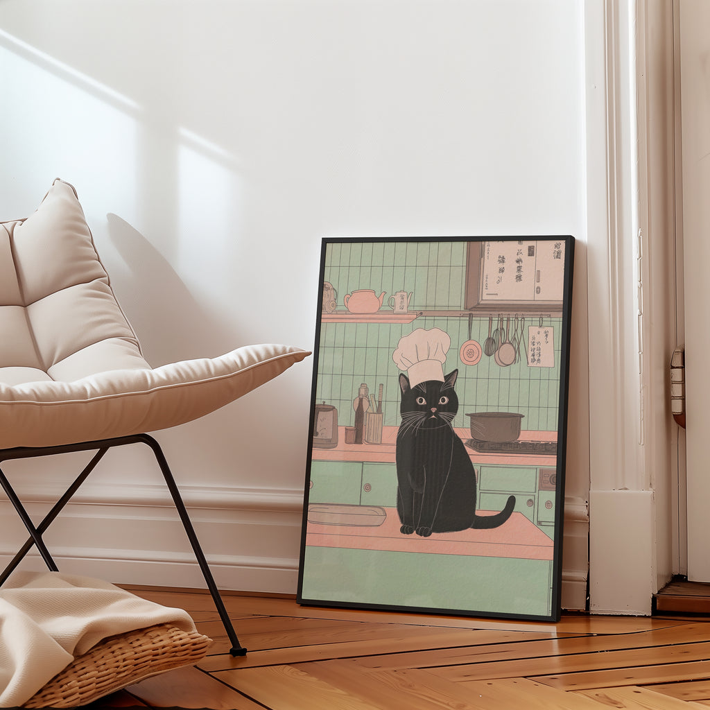 Chef Cat poster visualiserad på vägg – se rätt storlek med mockup från Bozetto i hög tryckkvalitet