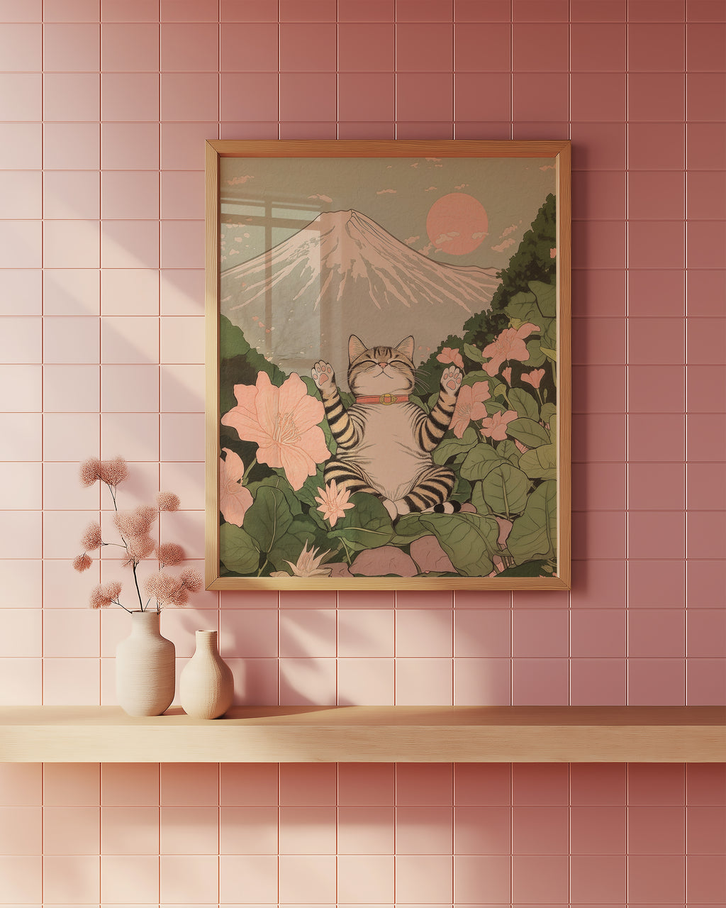 Väggmockup av Cat Under Mount Fuji affisch på ljus vägg – Bozetto konsttryck – nr 2