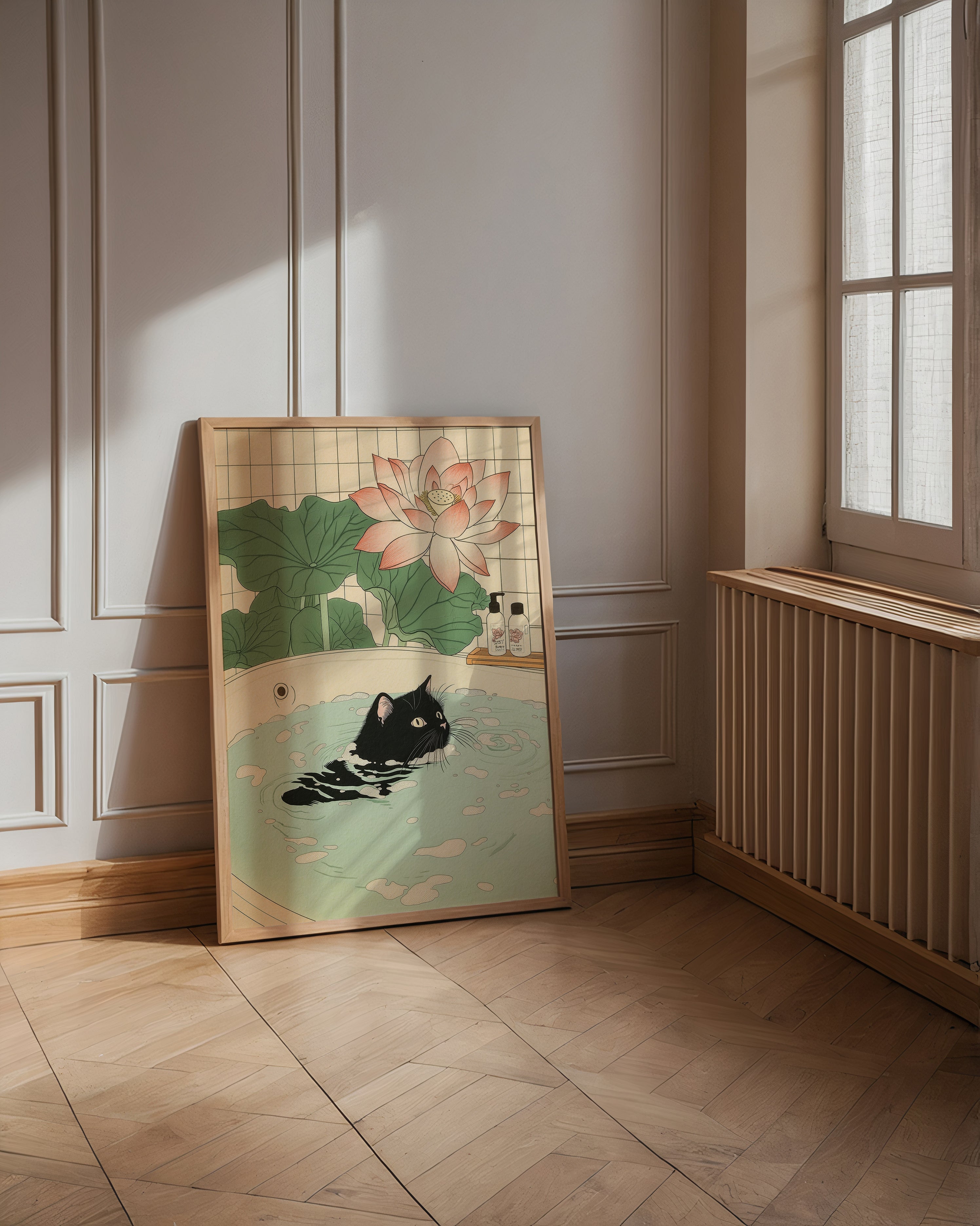 Väggmockup med Black Cat In Lotus Bath – köp enkelt hos Bozetto affisch i hög kvalitet