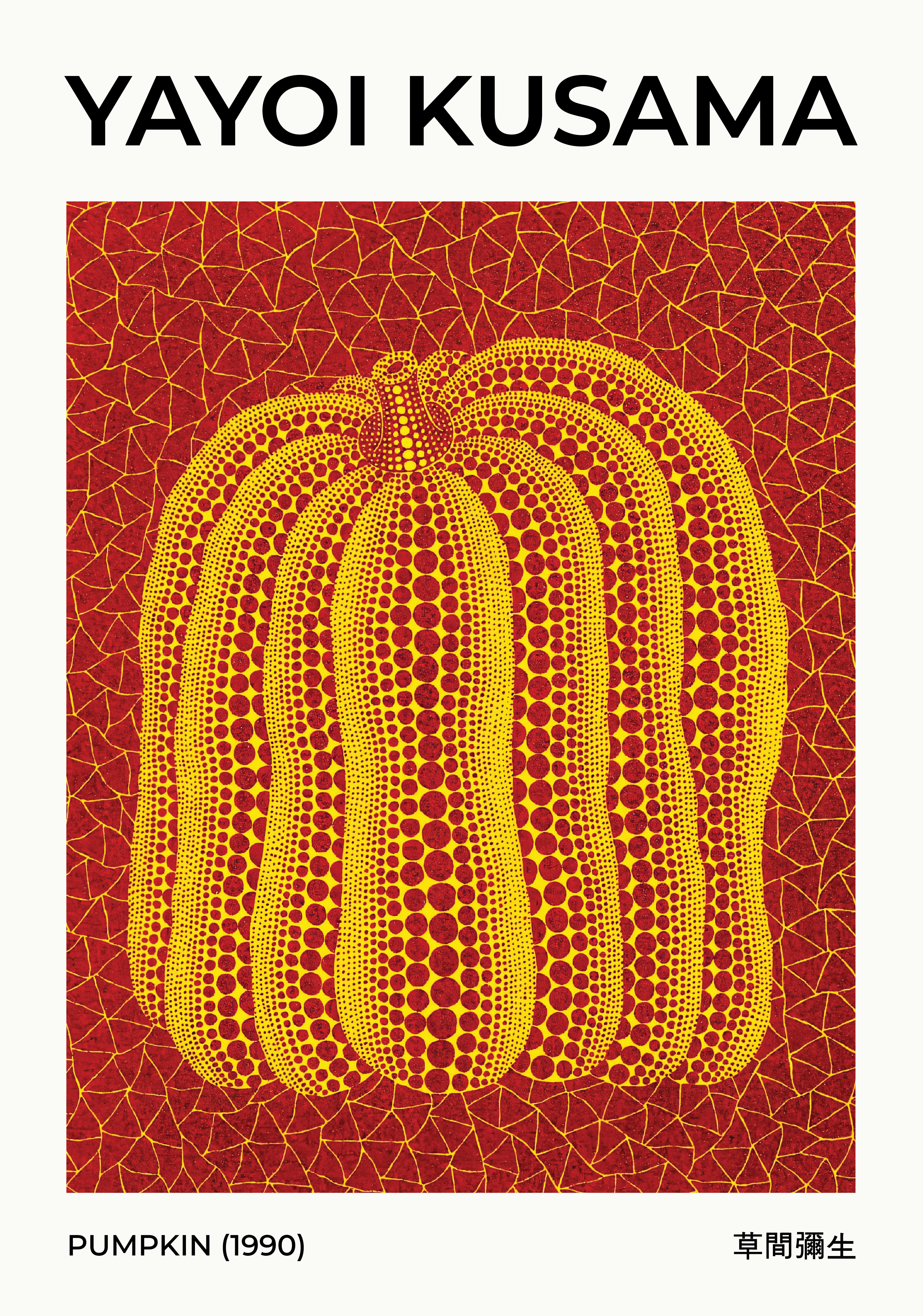 Yayoi Kusama Pumpkin 1990 affisch på vit bakgrund – köp enkelt hos Bozetto i hög kvalitet