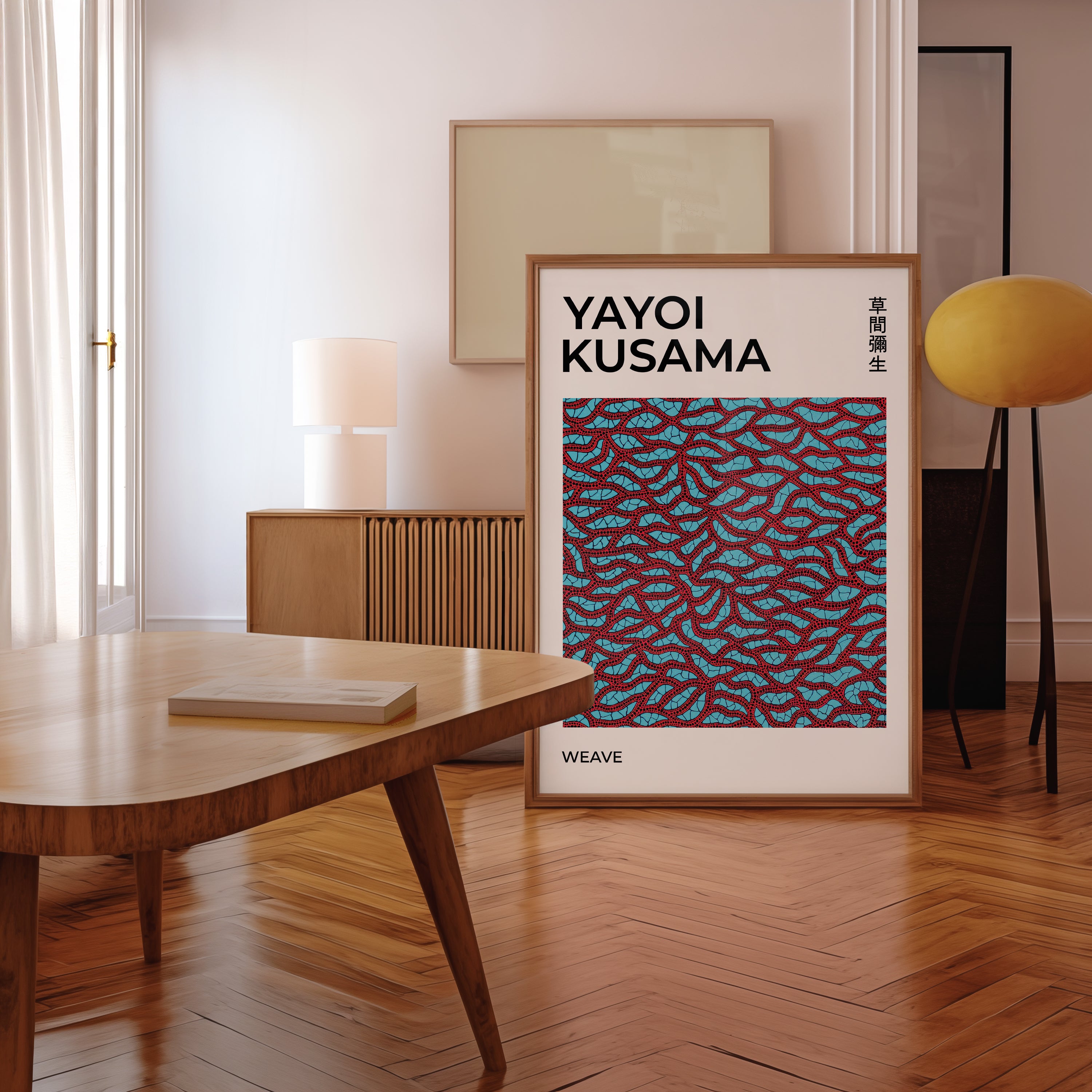 Yayoi Kusama Red Weave poster visualiserad på vägg – från Bozetto i hög kvalitet