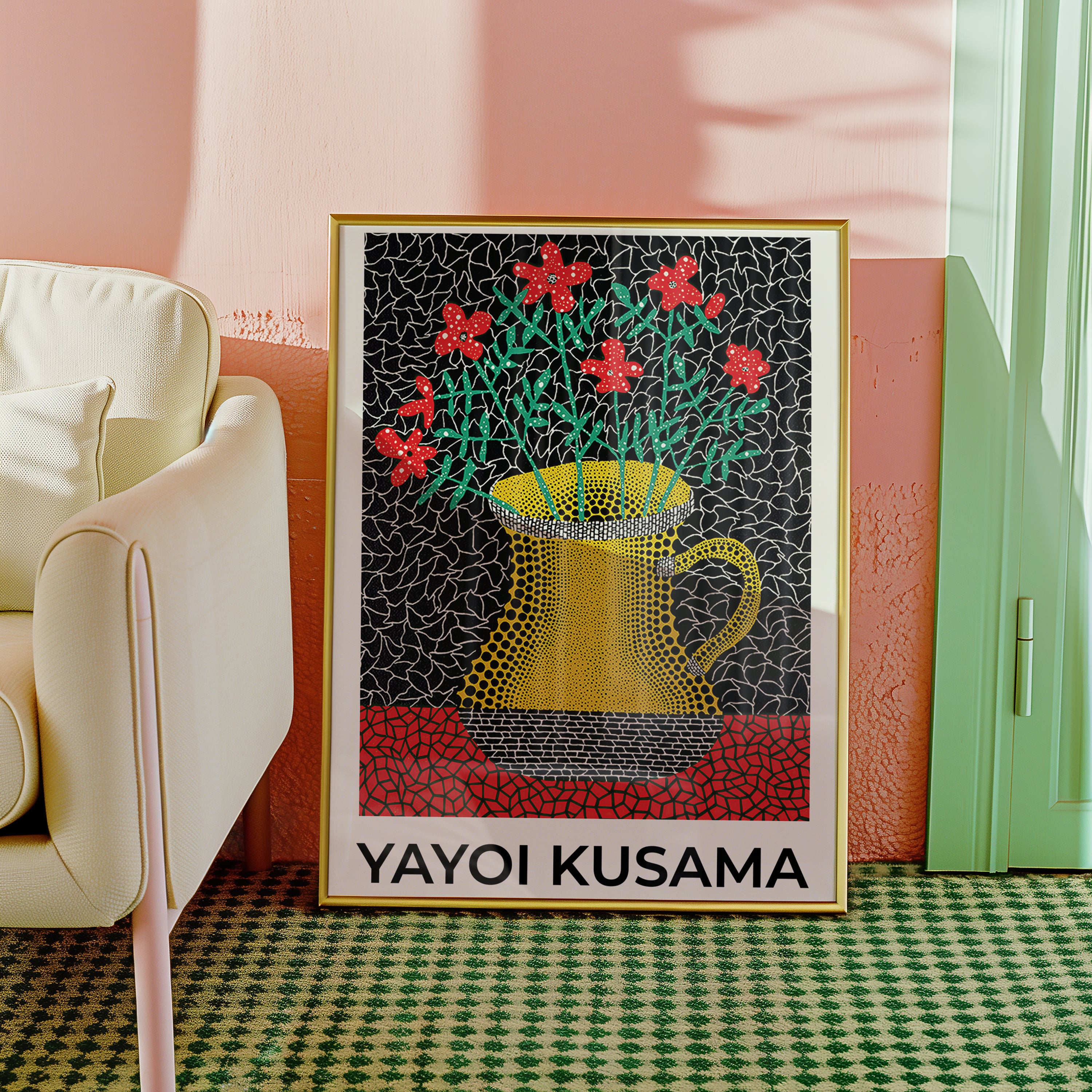 Yayoi Kusama Petal Rhythm poster visualiserad på vägg – från Bozetto i hög kvalitet