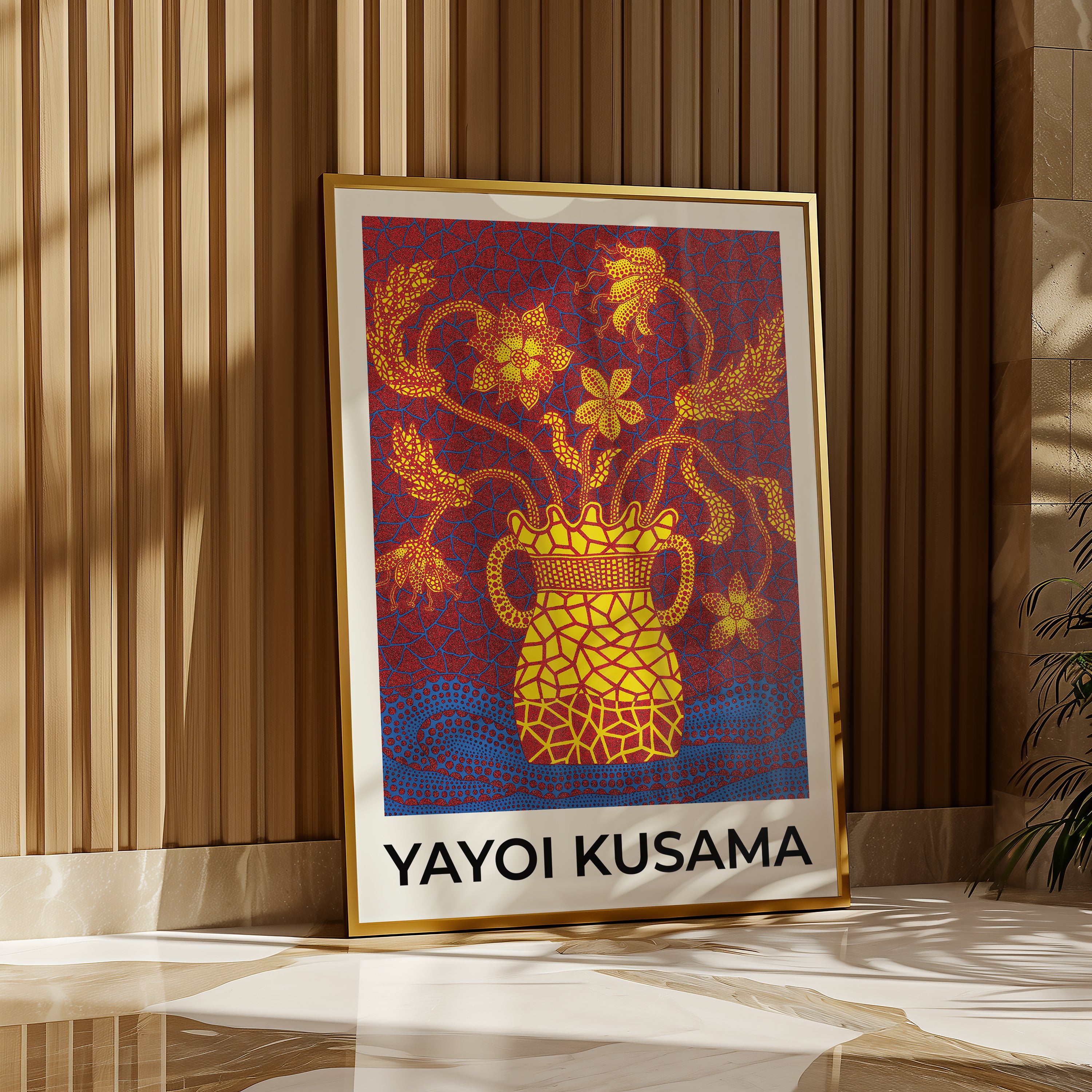 Väggmockup med Yayoi Kusama Bloom Mosaic – köp enkelt hos Bozetto affisch i hög kvalitet